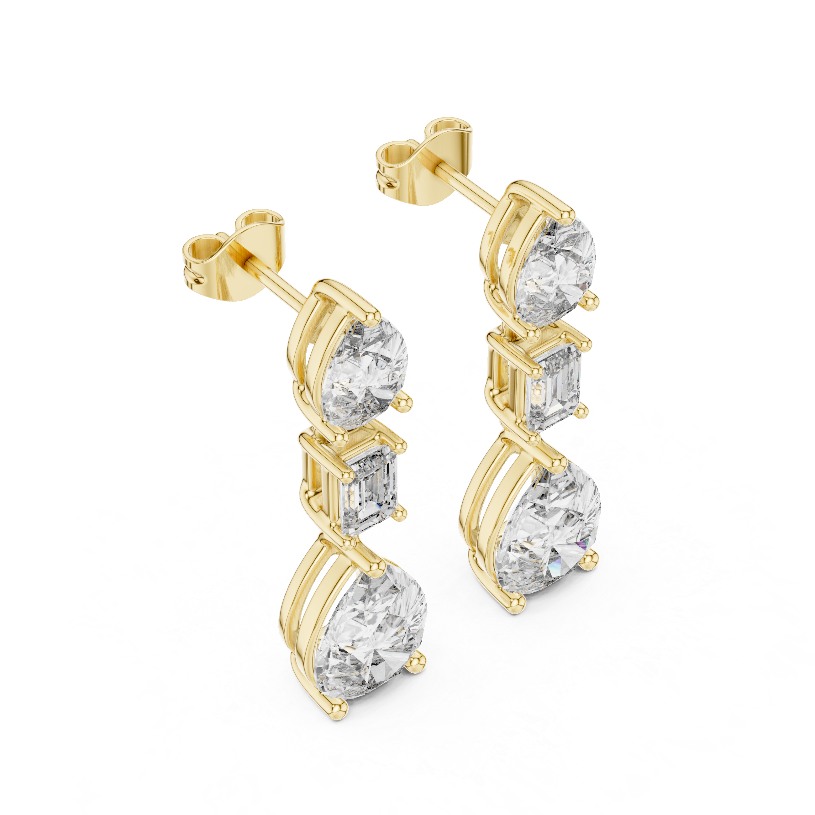 Pear & Emerald Cut Three-Stone Drop Diamond Earrings