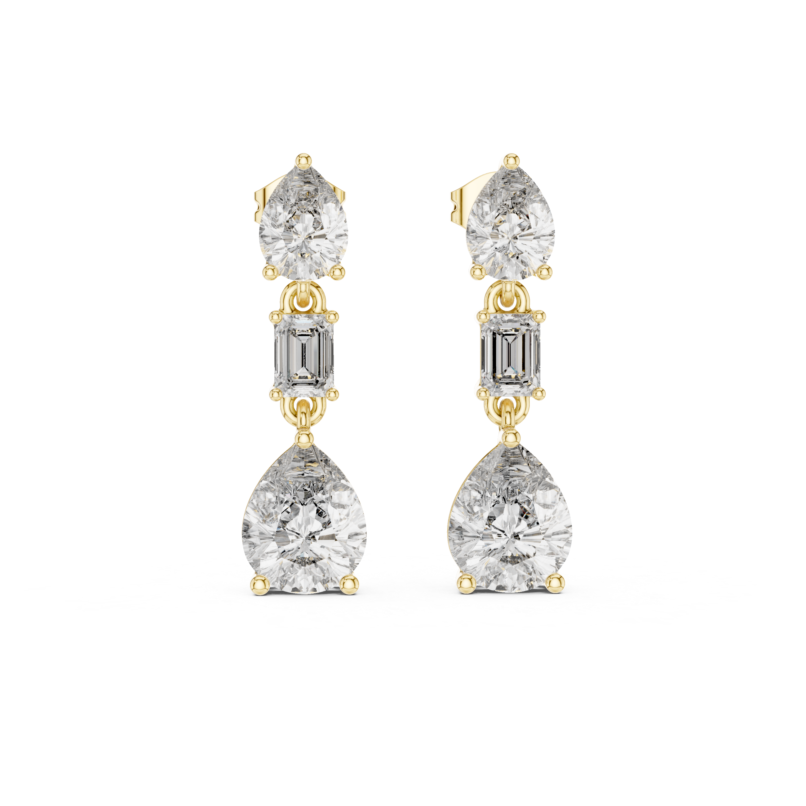 Pear & Emerald Cut Three-Stone Drop Diamond Earrings