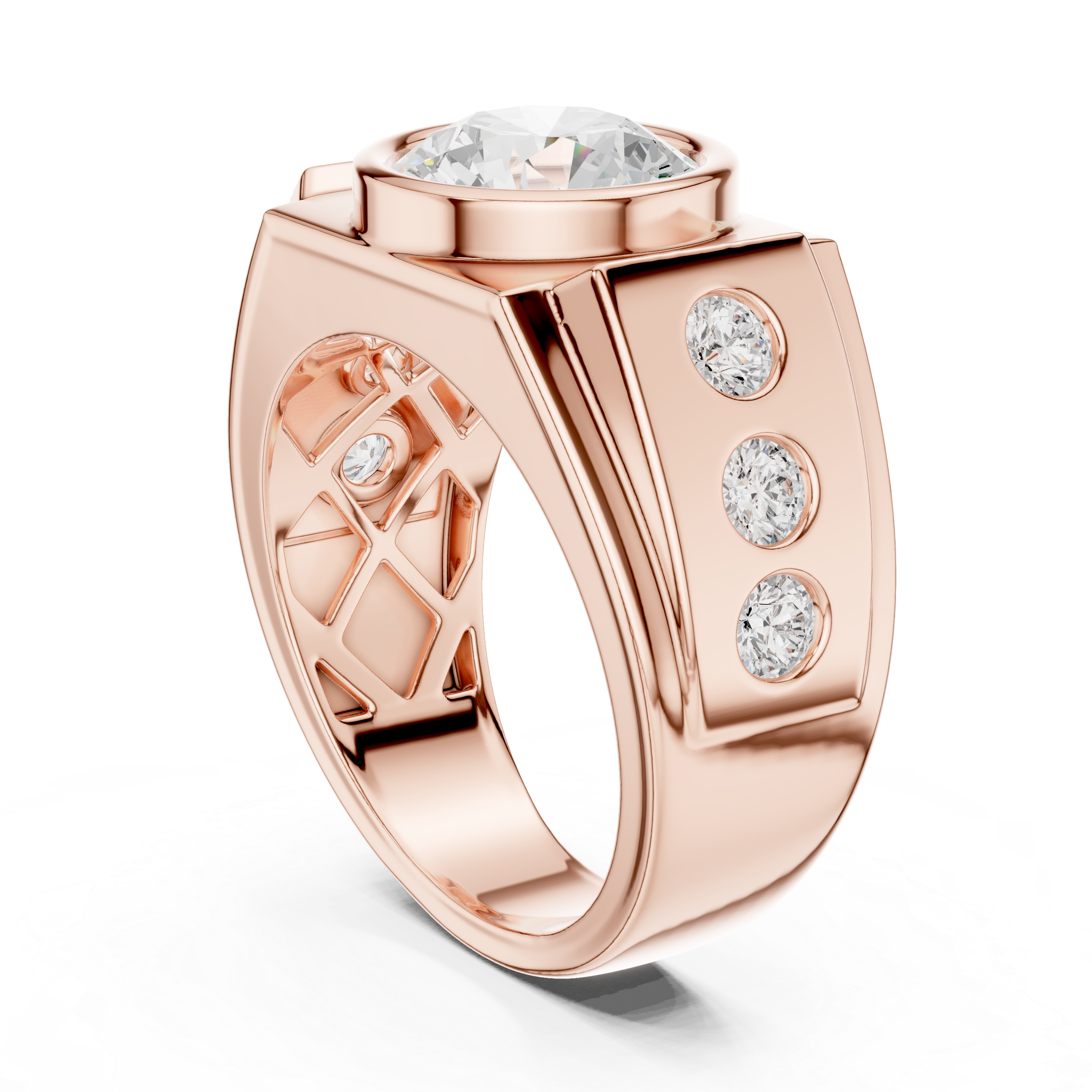 Round Brilliant Diamond Men's Signet Ring – Bezel Set Statement Ring with Side Diamonds