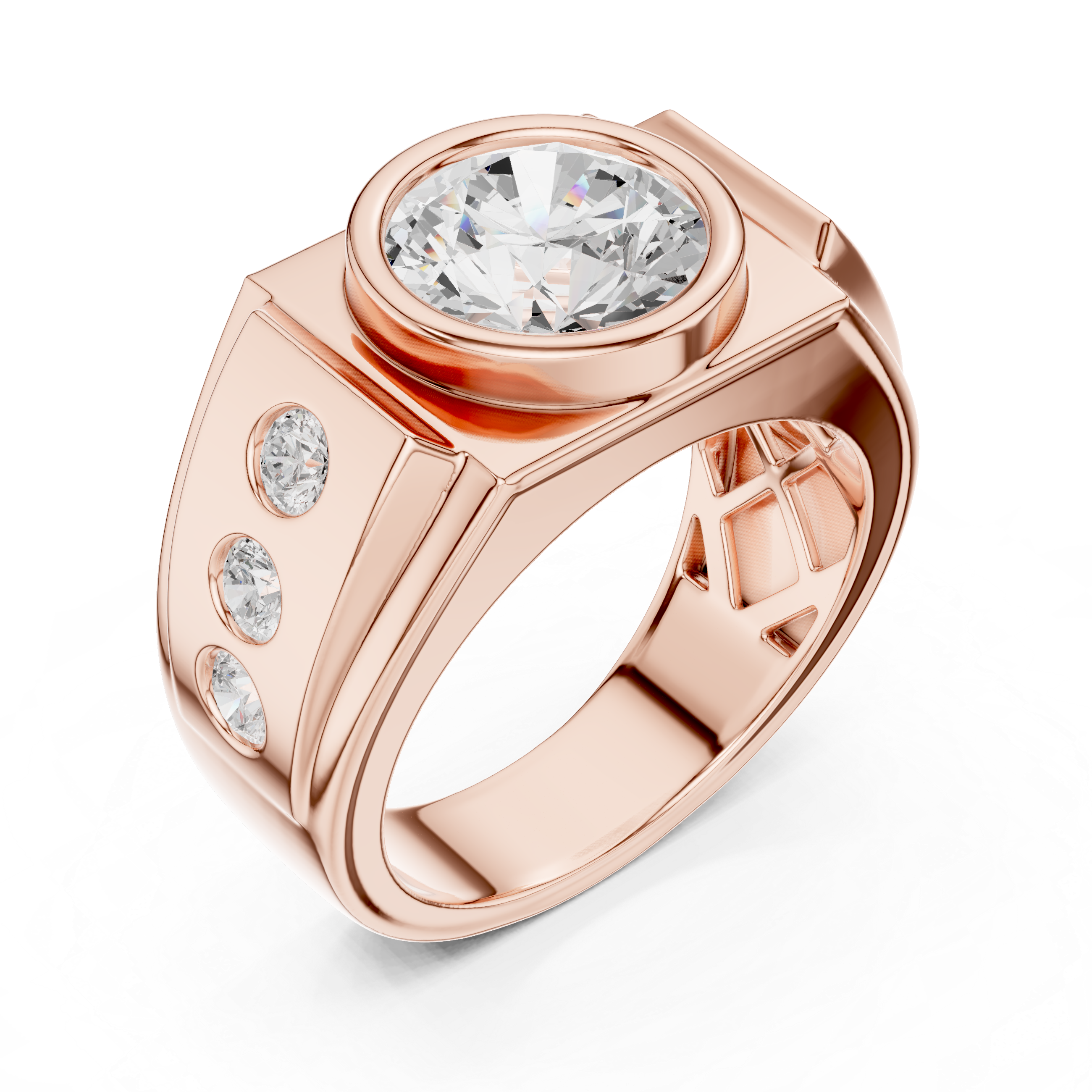 Round Brilliant Diamond Men's Signet Ring – Bezel Set Statement Ring with Side Diamonds