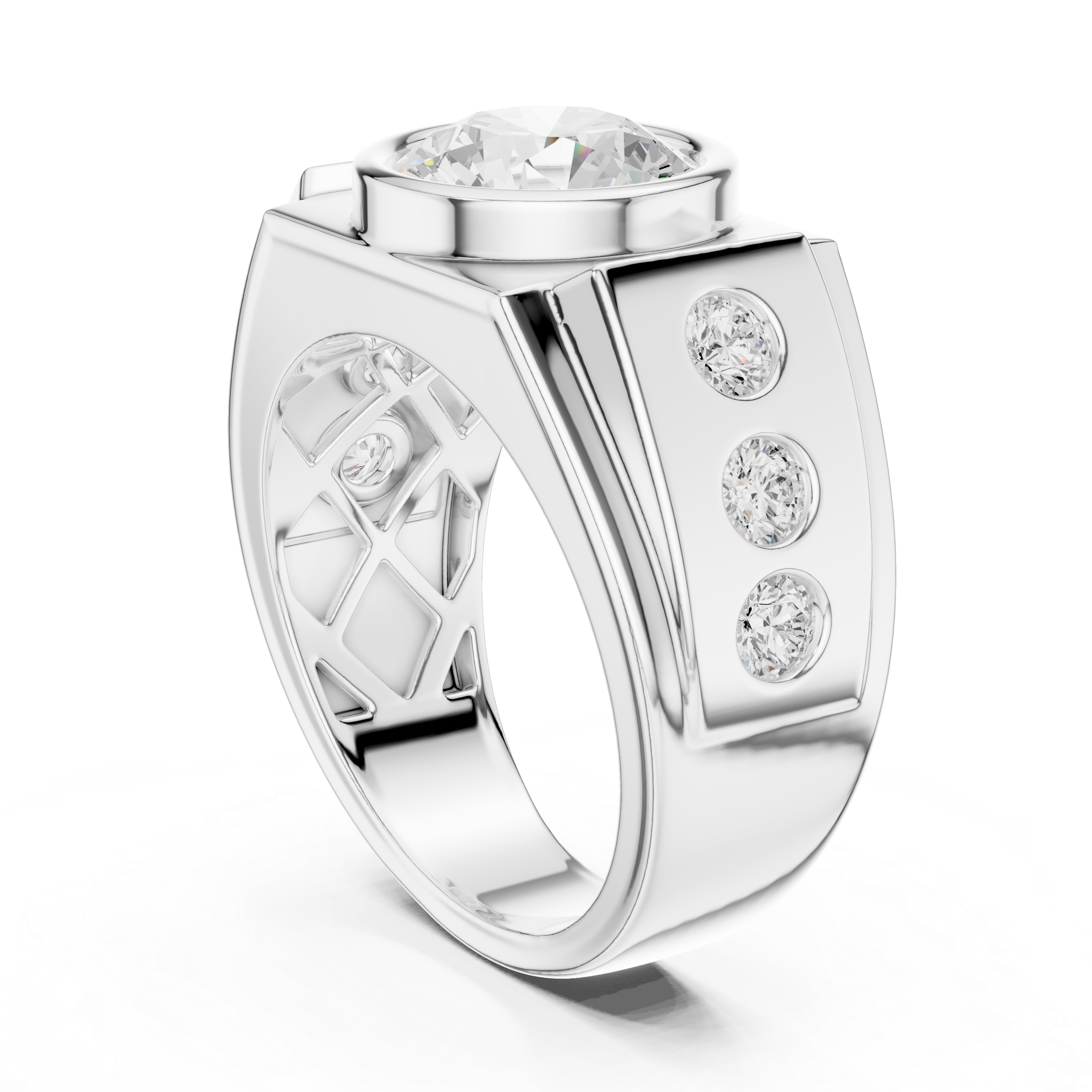 Round Brilliant Diamond Men's Signet Ring – Bezel Set Statement Ring with Side Diamonds