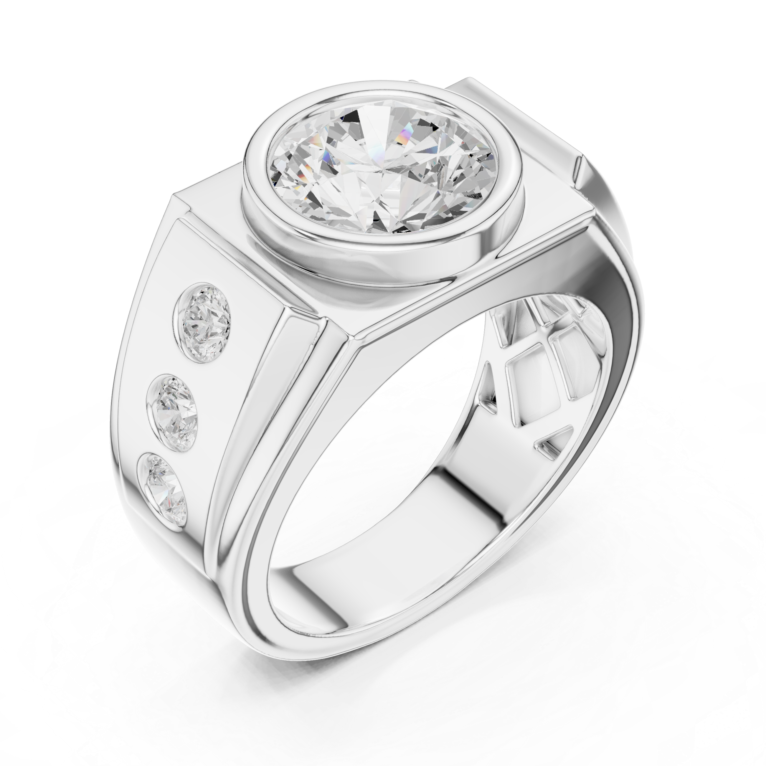Round Brilliant Diamond Men's Signet Ring – Bezel Set Statement Ring with Side Diamonds