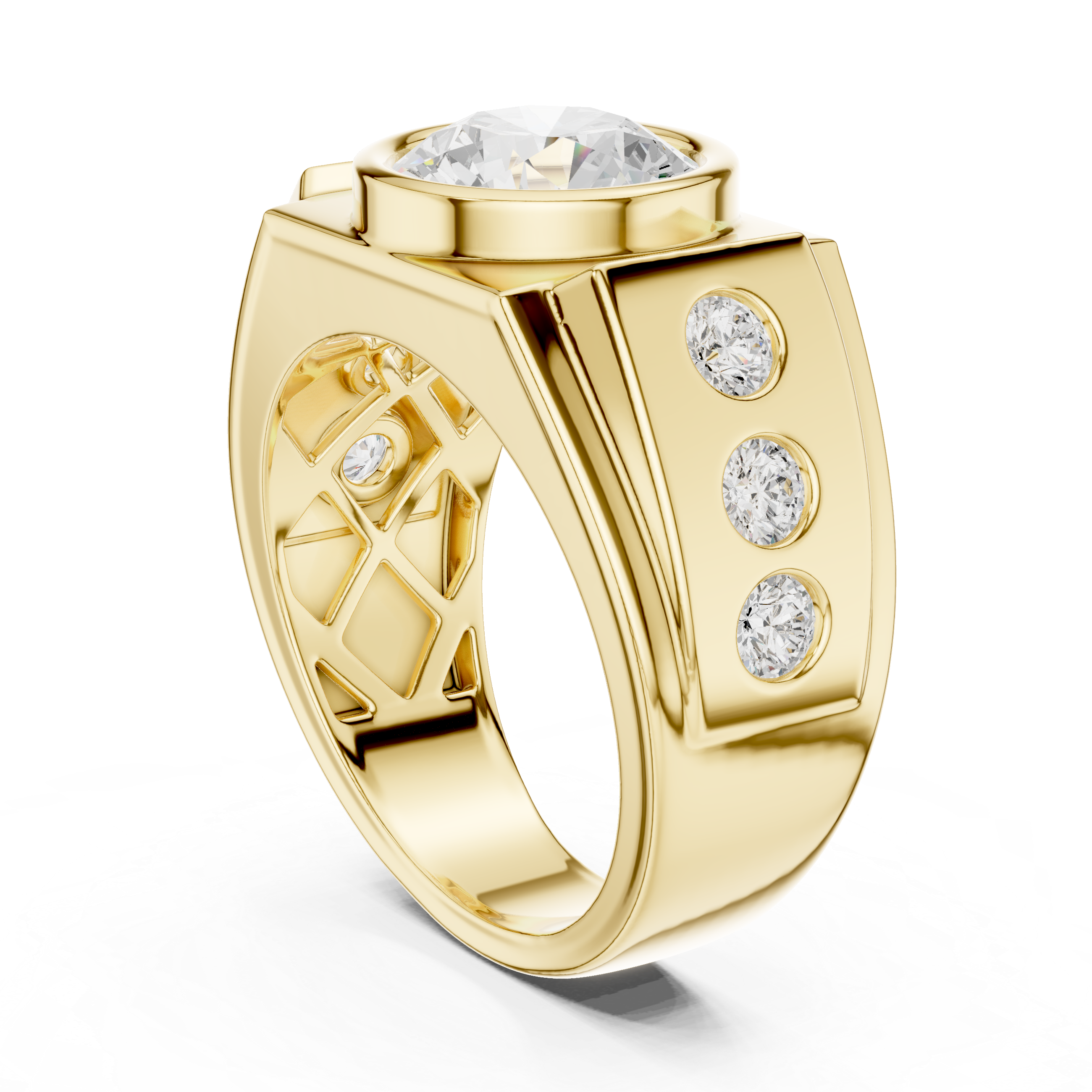 Round Brilliant Diamond Men's Signet Ring – Bezel Set Statement Ring with Side Diamonds