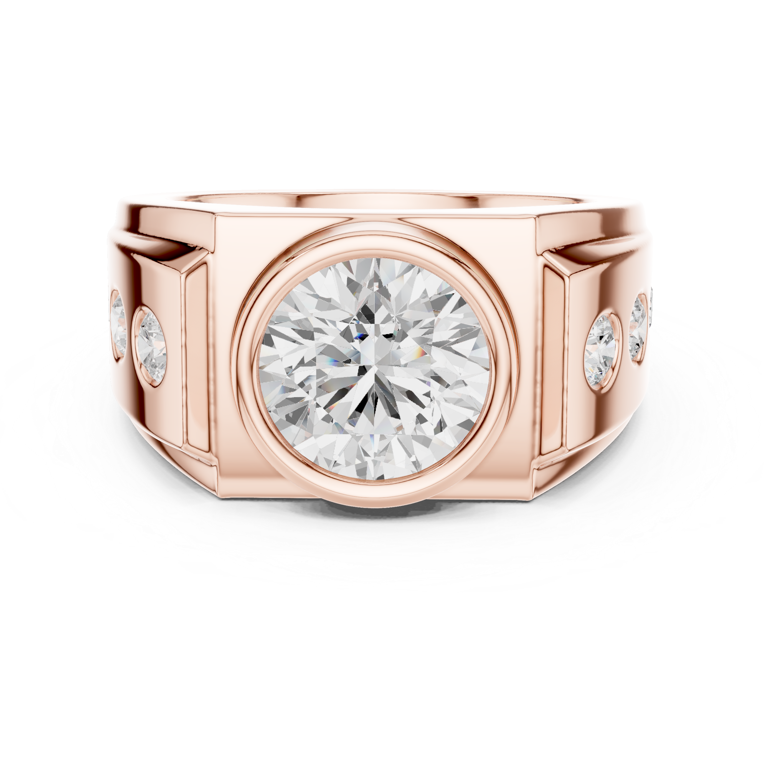 Round Brilliant Diamond Men's Signet Ring – Bezel Set Statement Ring with Side Diamonds