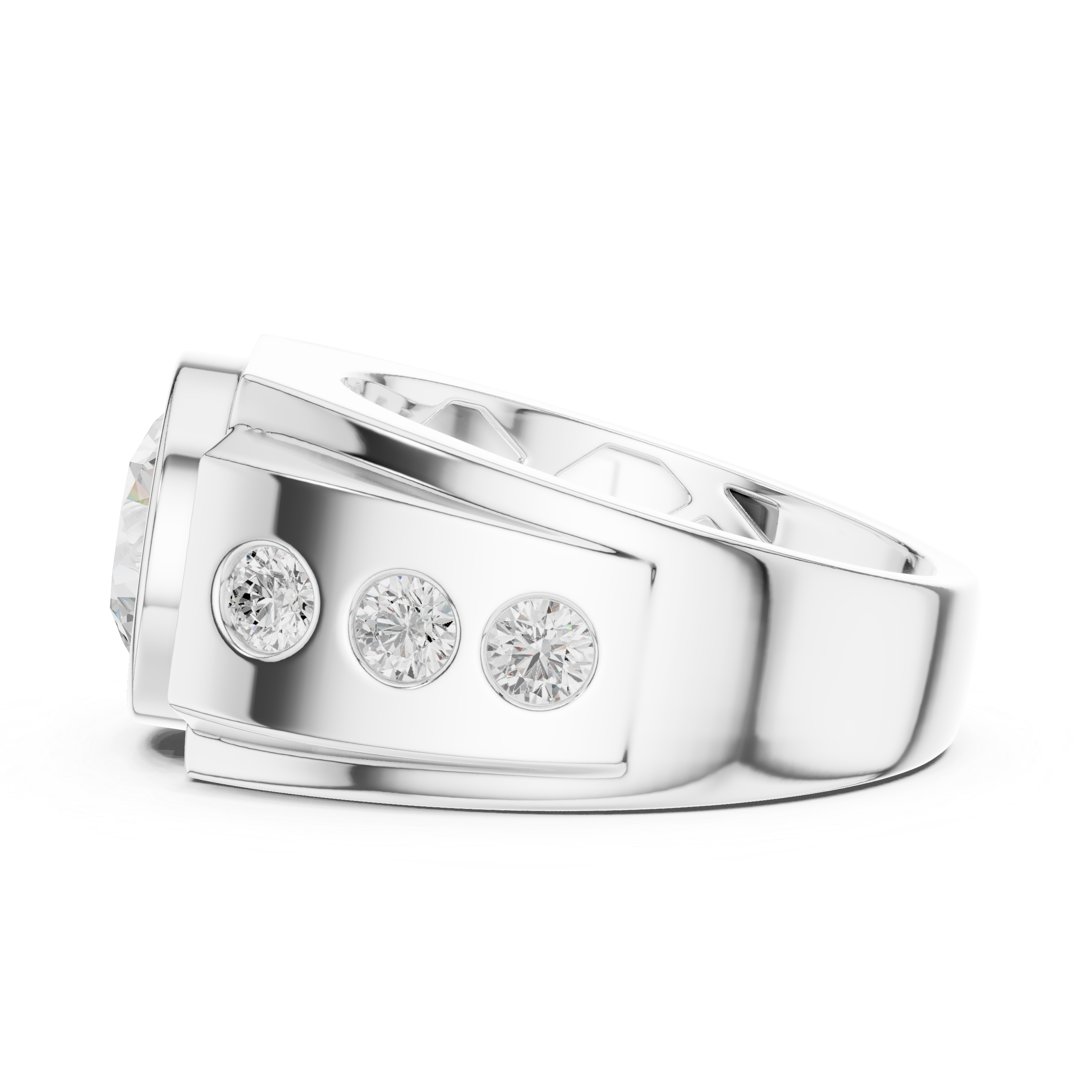 Round Brilliant Diamond Men's Signet Ring – Bezel Set Statement Ring with Side Diamonds