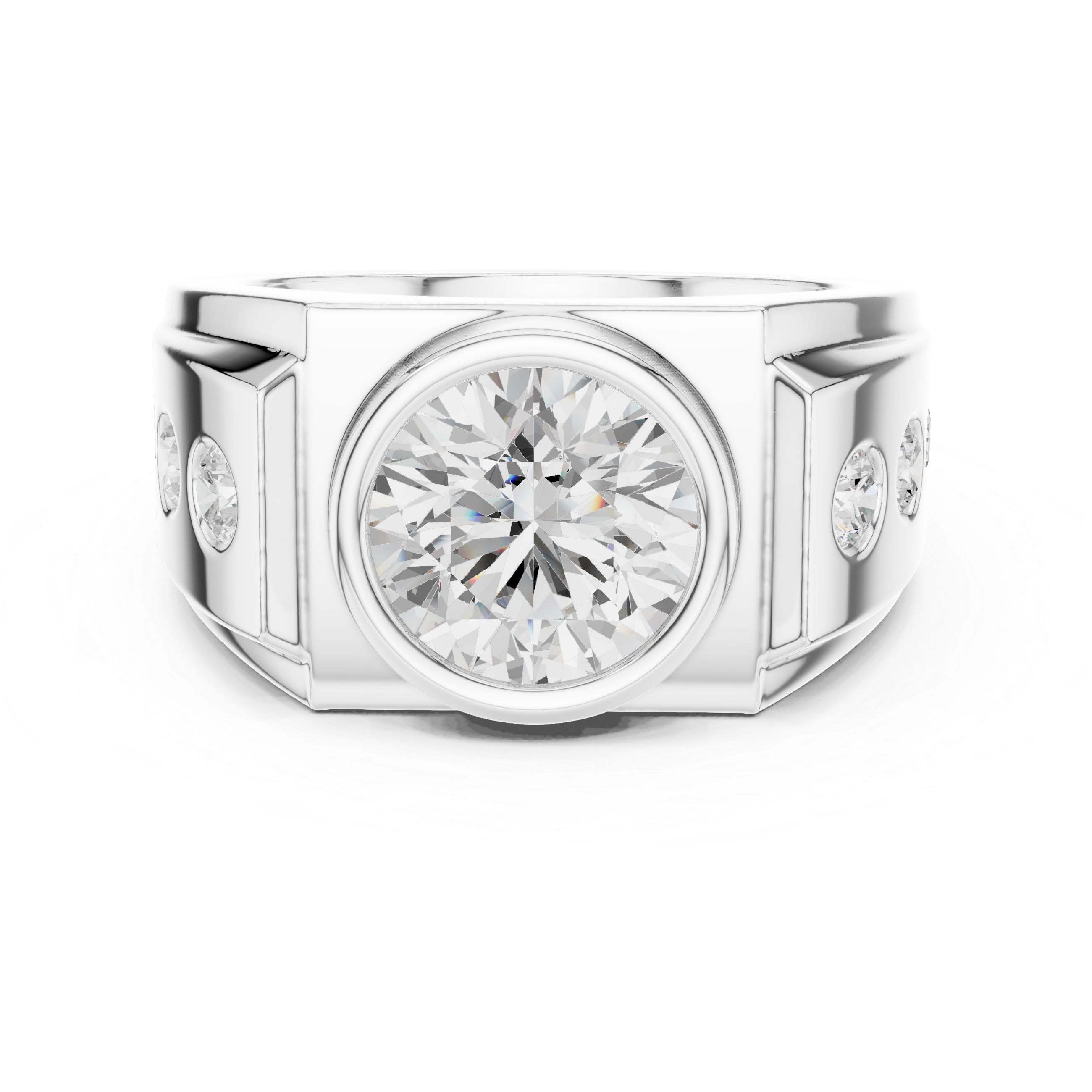 Round Brilliant Diamond Men's Signet Ring – Bezel Set Statement Ring with Side Diamonds