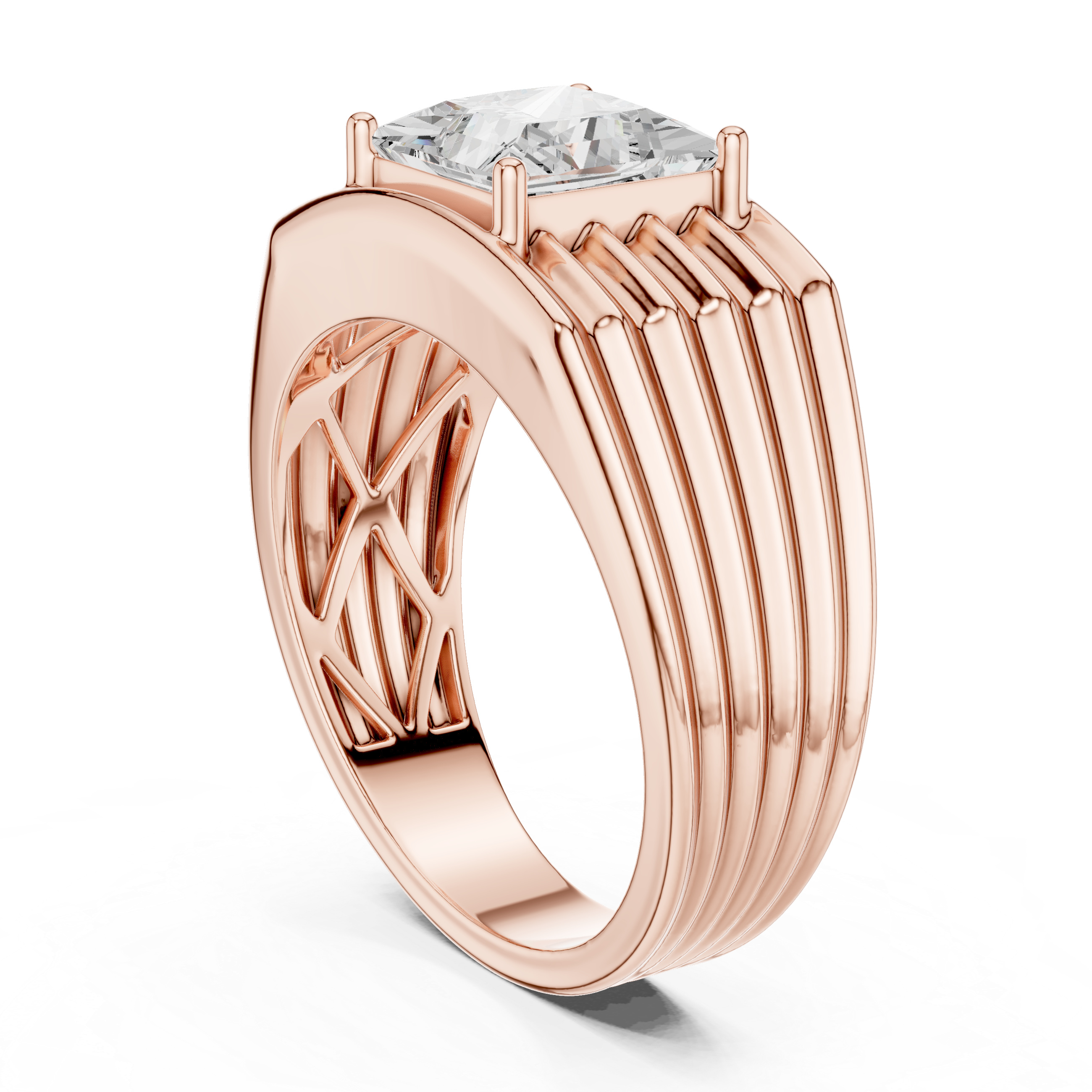 Princess Cut Solitaire Men's Ring – Multi-Ribbed Statement Signet Ring