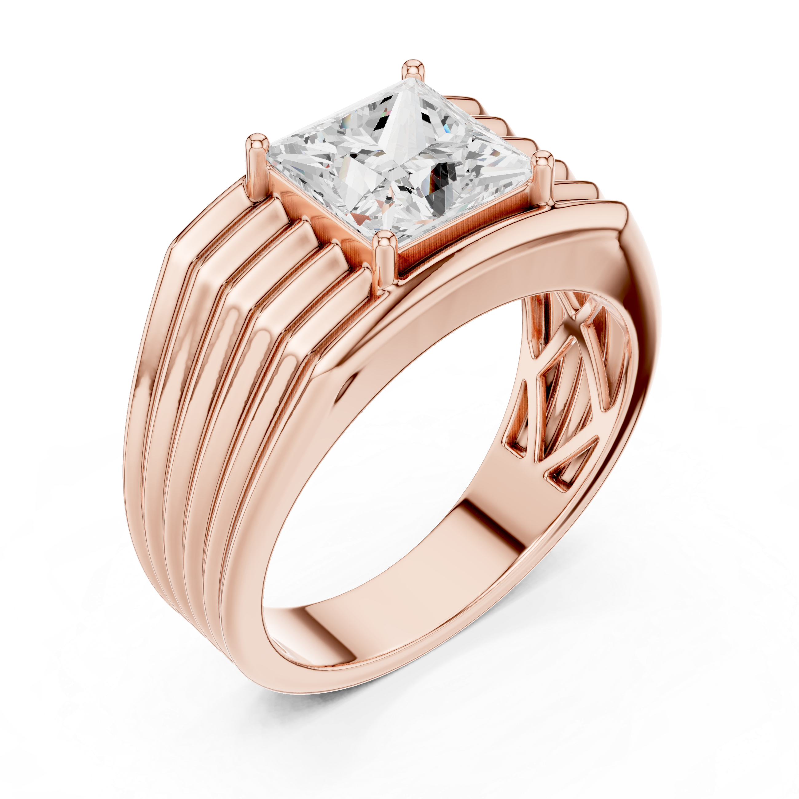 Princess Cut Solitaire Men's Ring – Multi-Ribbed Statement Signet Ring