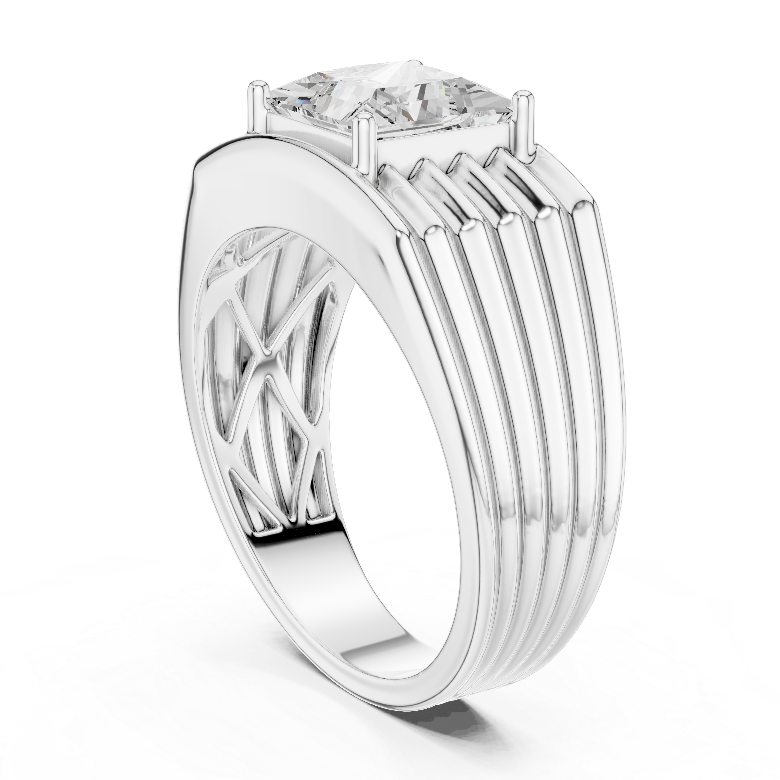 Princess Cut Solitaire Men's Ring – Multi-Ribbed Statement Signet Ring