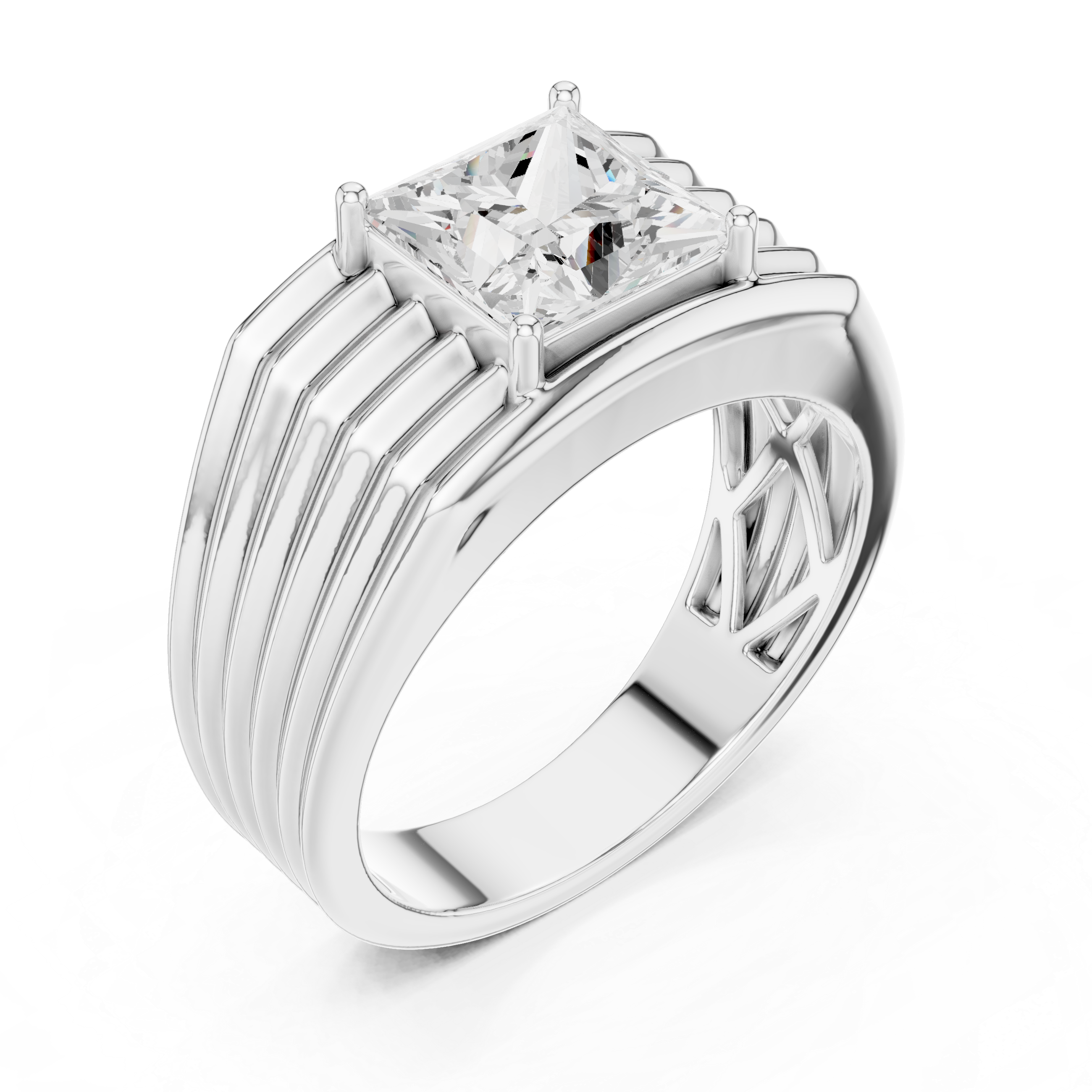 Princess Cut Solitaire Men's Ring – Multi-Ribbed Statement Signet Ring