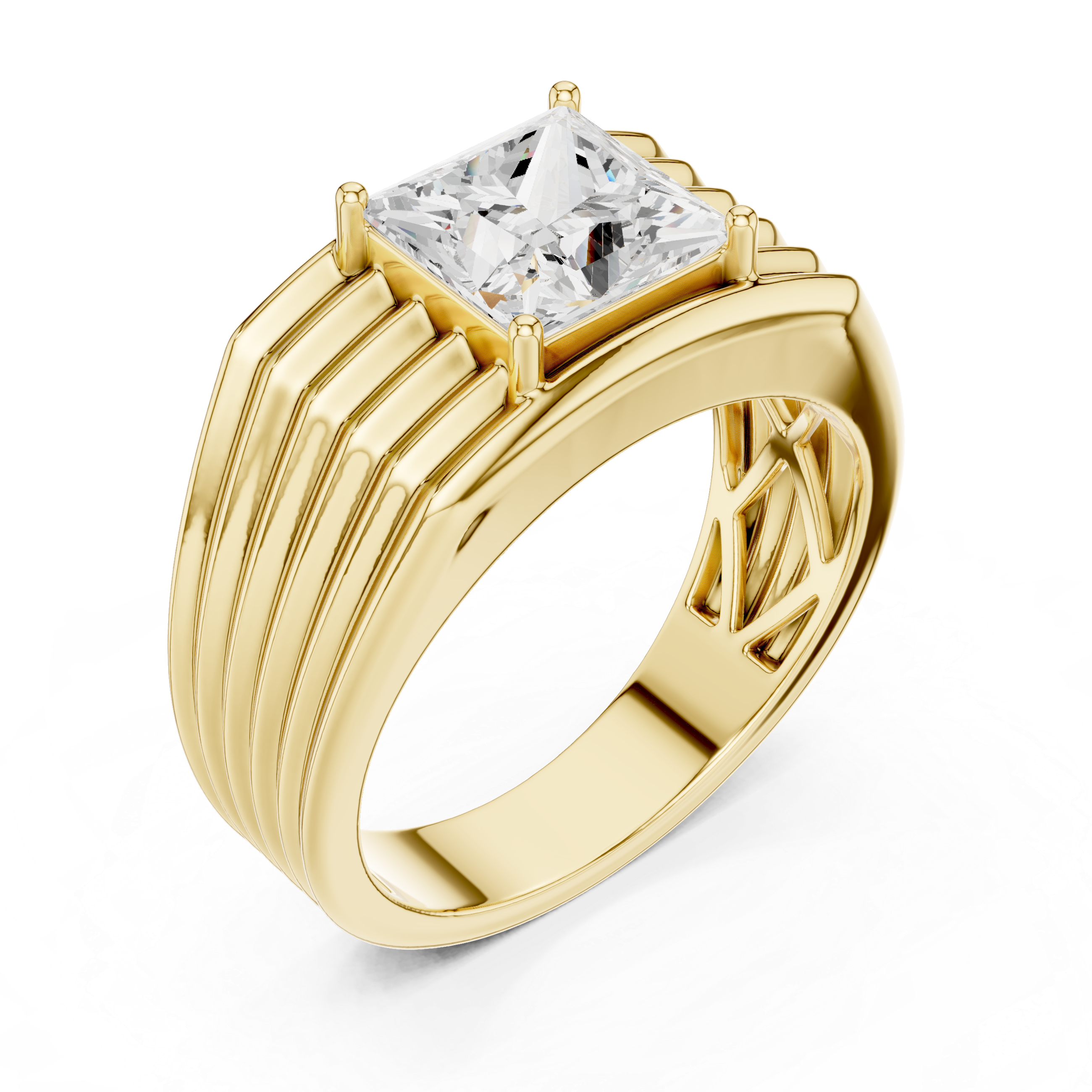 Princess Cut Solitaire Men's Ring – Multi-Ribbed Statement Signet Ring