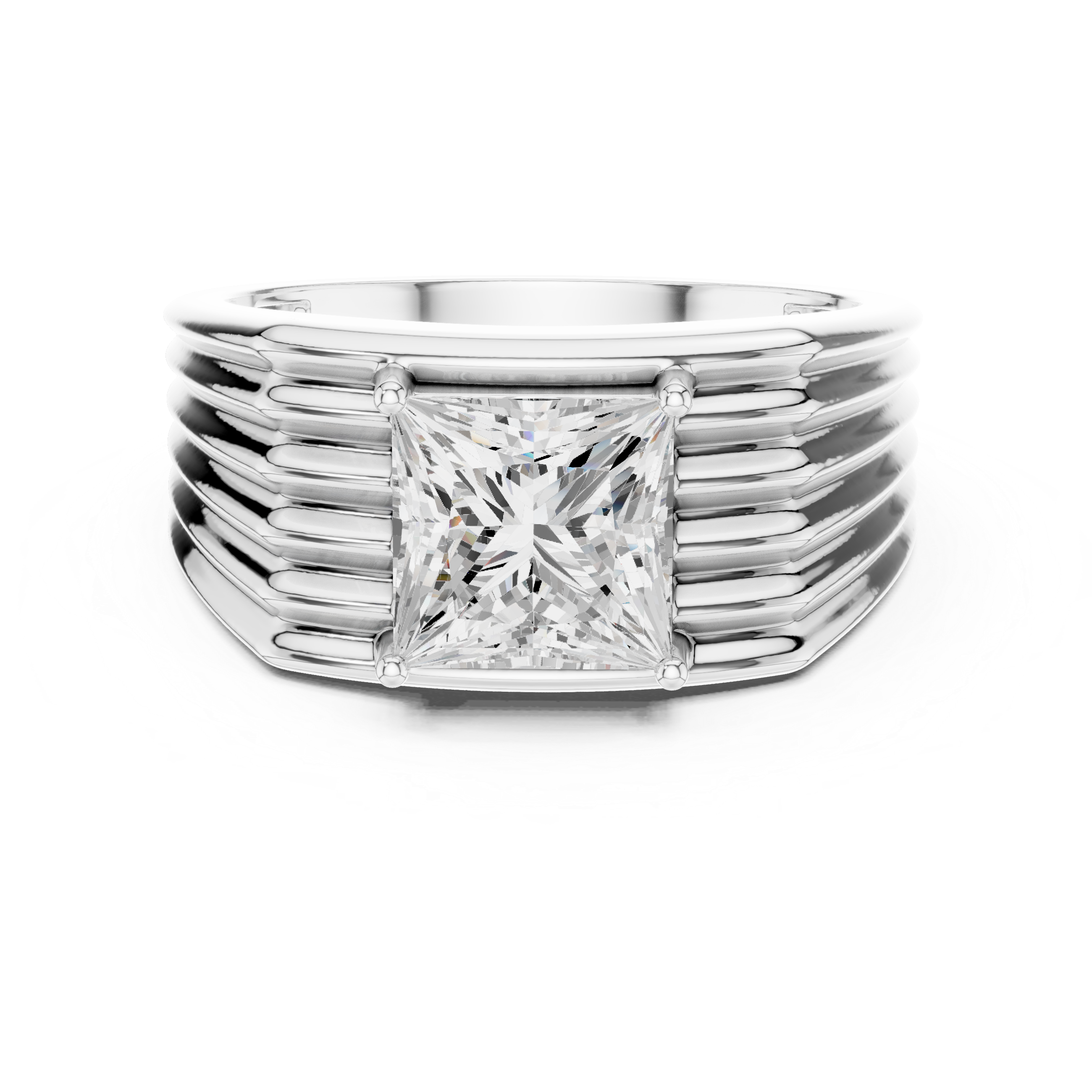 Princess Cut Solitaire Men's Ring – Multi-Ribbed Statement Signet Ring