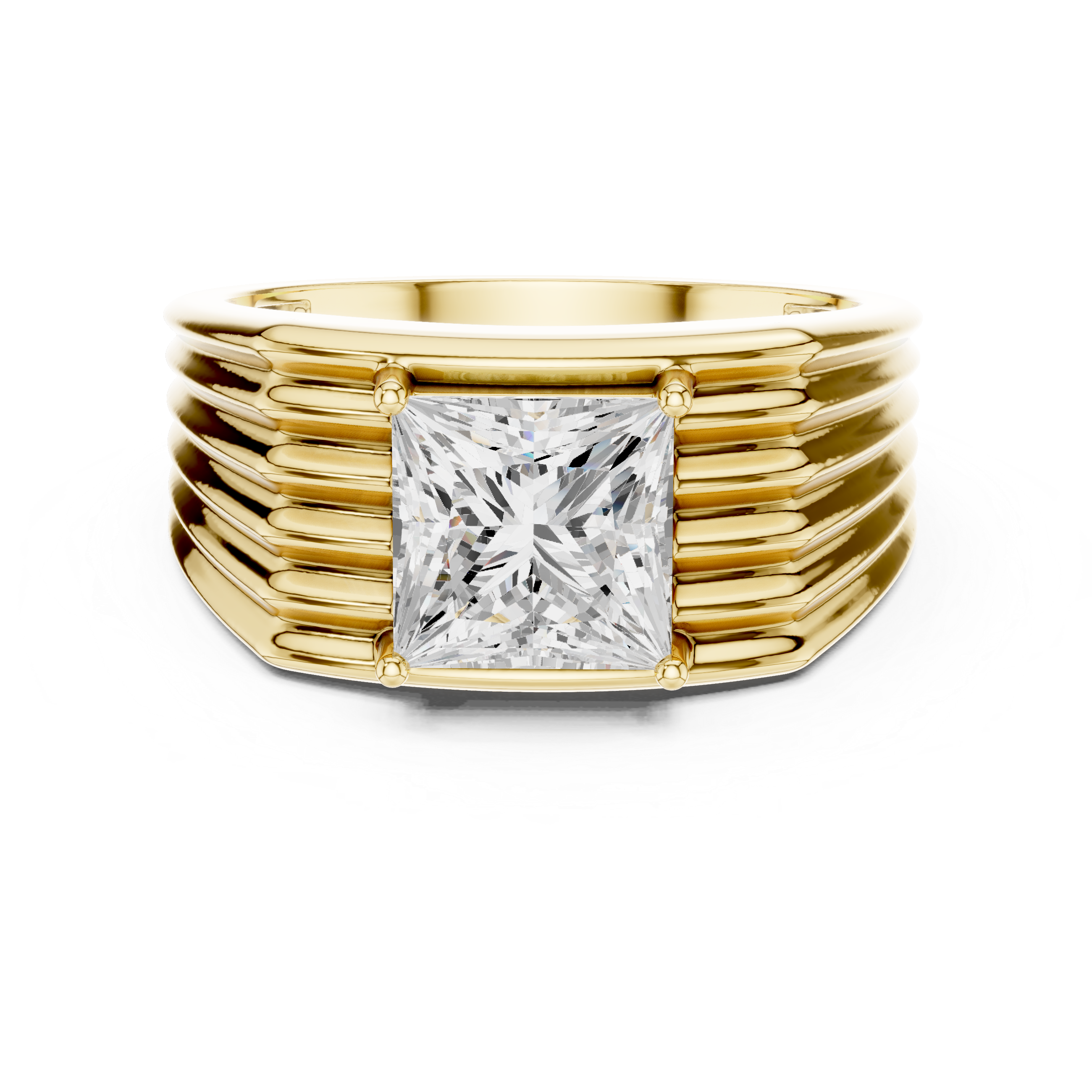 Princess Cut Solitaire Men's Ring – Multi-Ribbed Statement Signet Ring