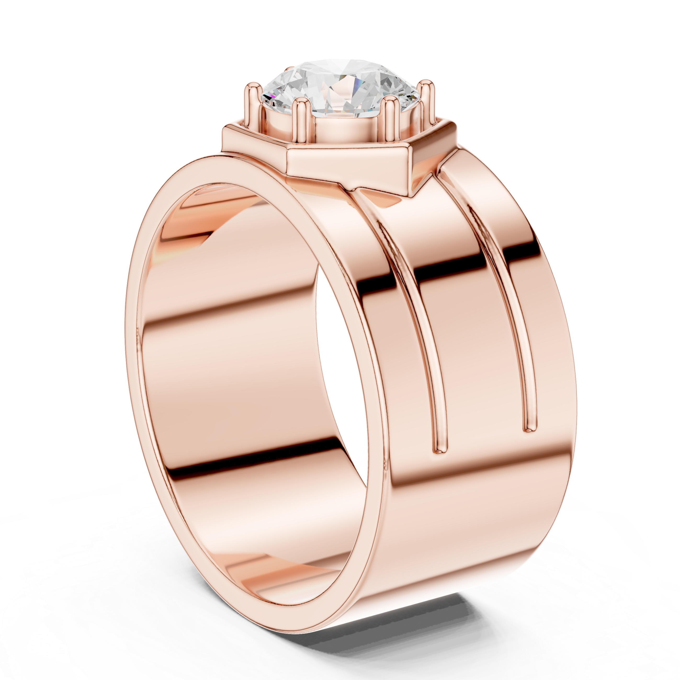 Hexagon Halo Diamond Signet Ring – Men's Round Solitaire Gold Statement Ring