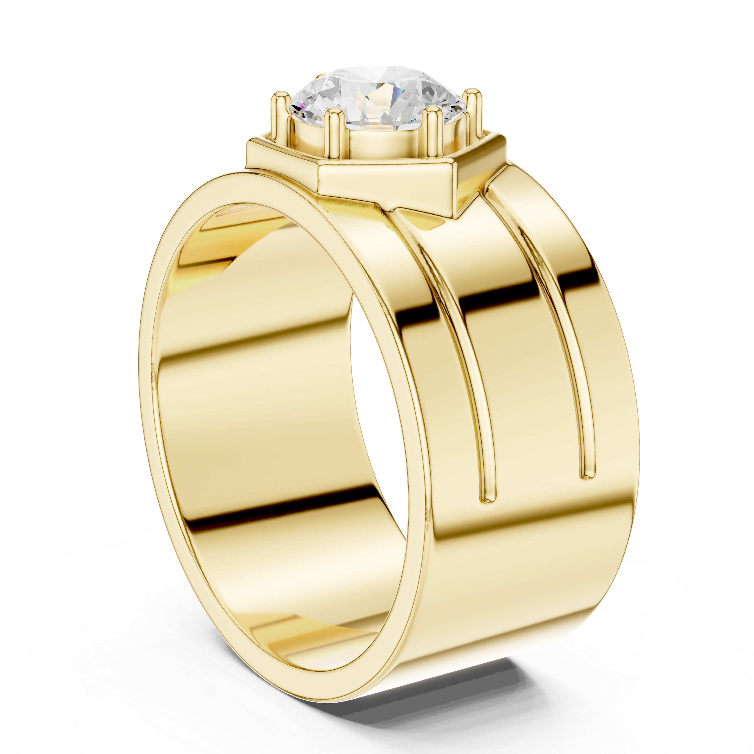 Hexagon Halo Diamond Signet Ring – Men's Round Solitaire Gold Statement Ring