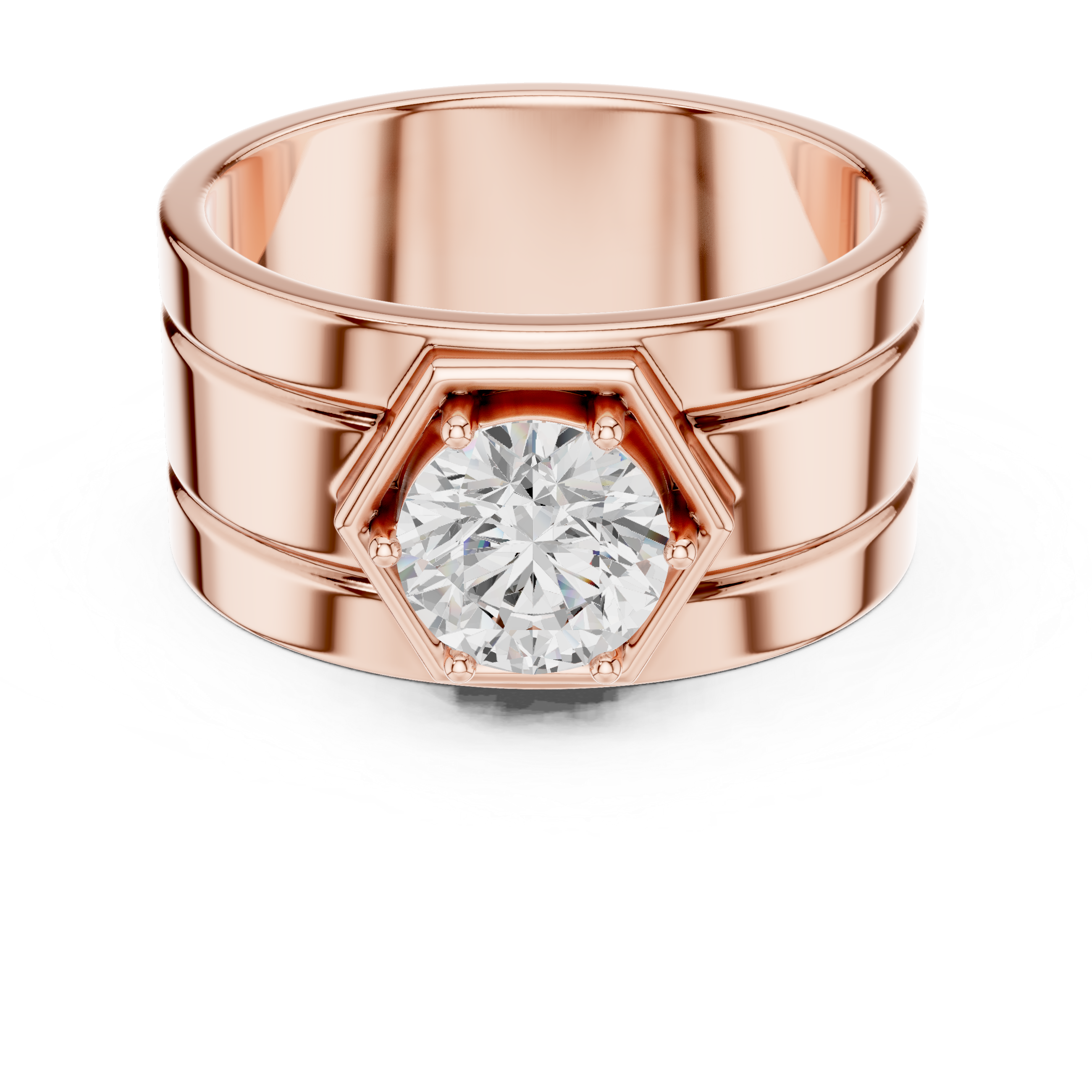 Hexagon Halo Diamond Signet Ring – Men's Round Solitaire Gold Statement Ring