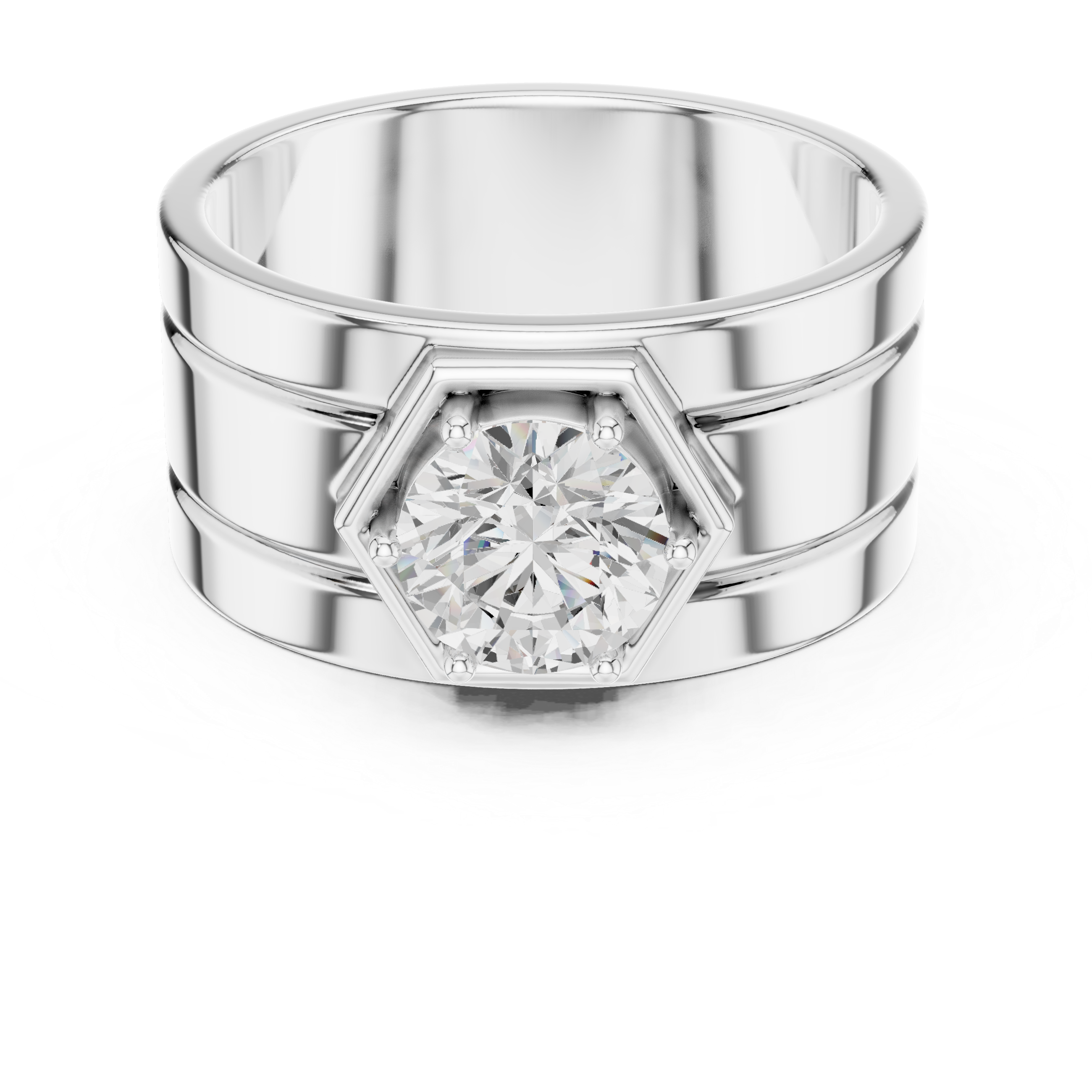Hexagon Halo Diamond Signet Ring – Men's Round Solitaire Gold Statement Ring