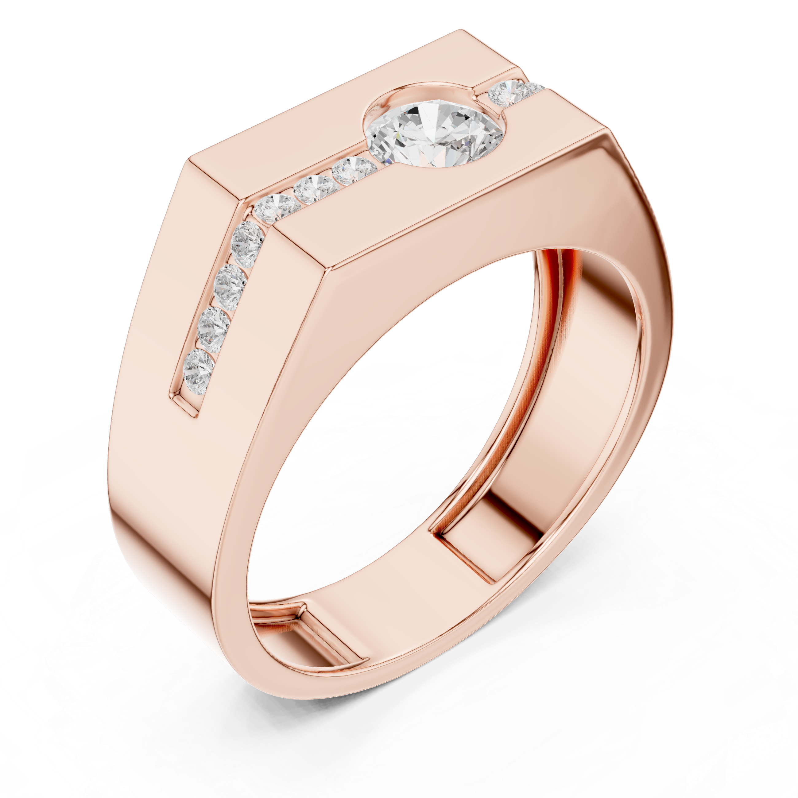 Men’s Channel Set Diamond Signet Ring – Modern Round Solitaire Gold Ring