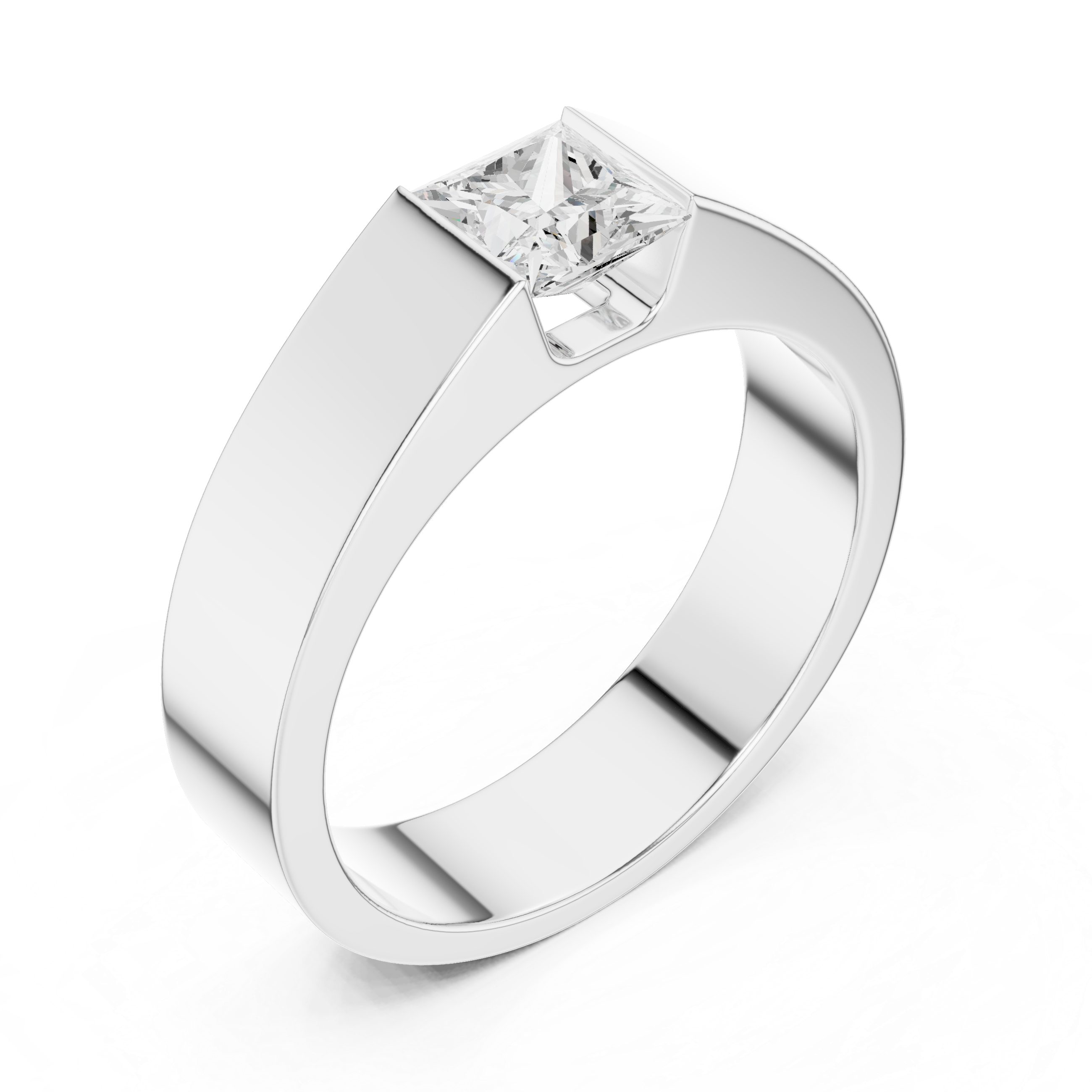Men’s Princess Cut Solitaire Ring – Modern Flush Set Gold Statement Band