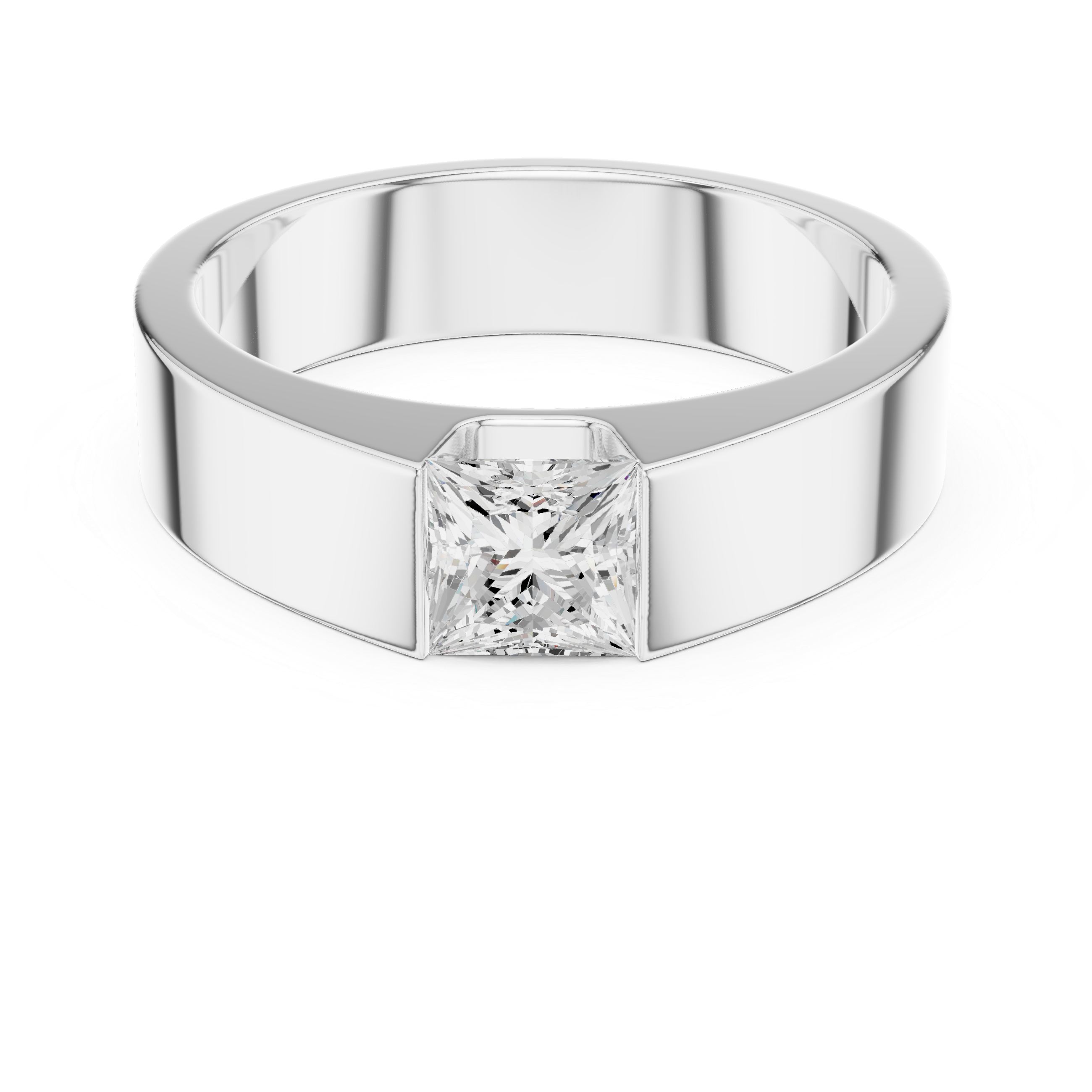 Men’s Princess Cut Solitaire Ring – Modern Flush Set Gold Statement Band