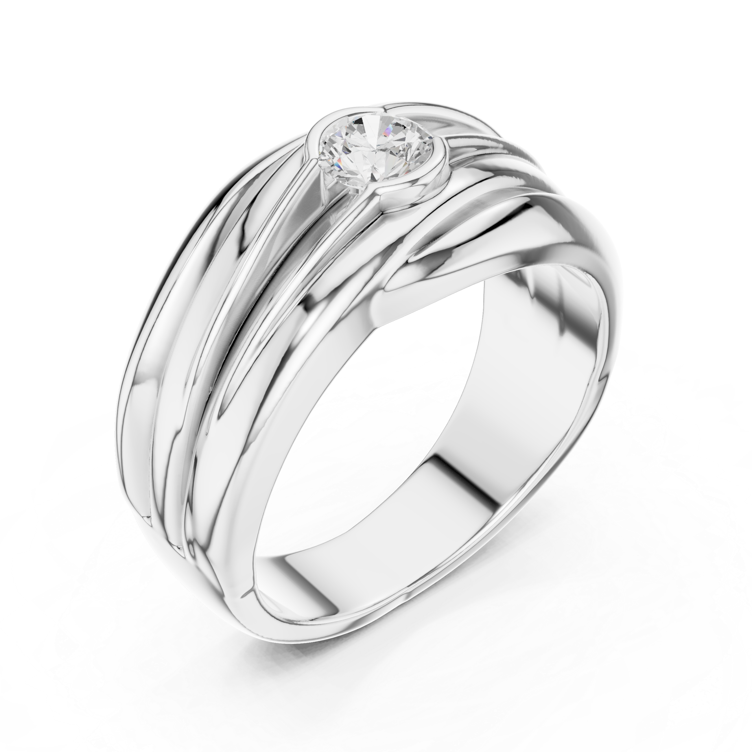 Modern Wave Design Diamond Ring – Bezel Set Round Diamond Statement Ring