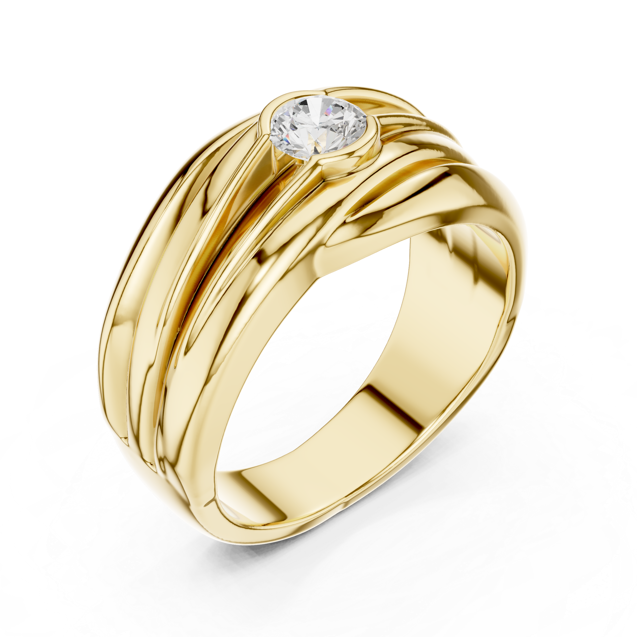 Modern Wave Design Diamond Ring – Bezel Set Round Diamond Statement Ring