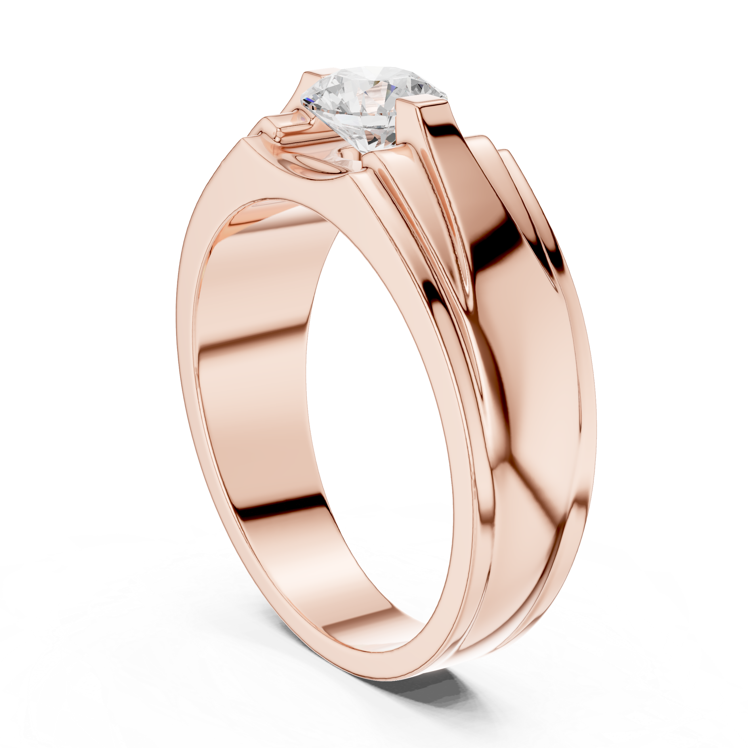 Men’s Architectural Solitaire Diamond Ring – Geometric Shoulder Design with 0.75 CT Round Stone
