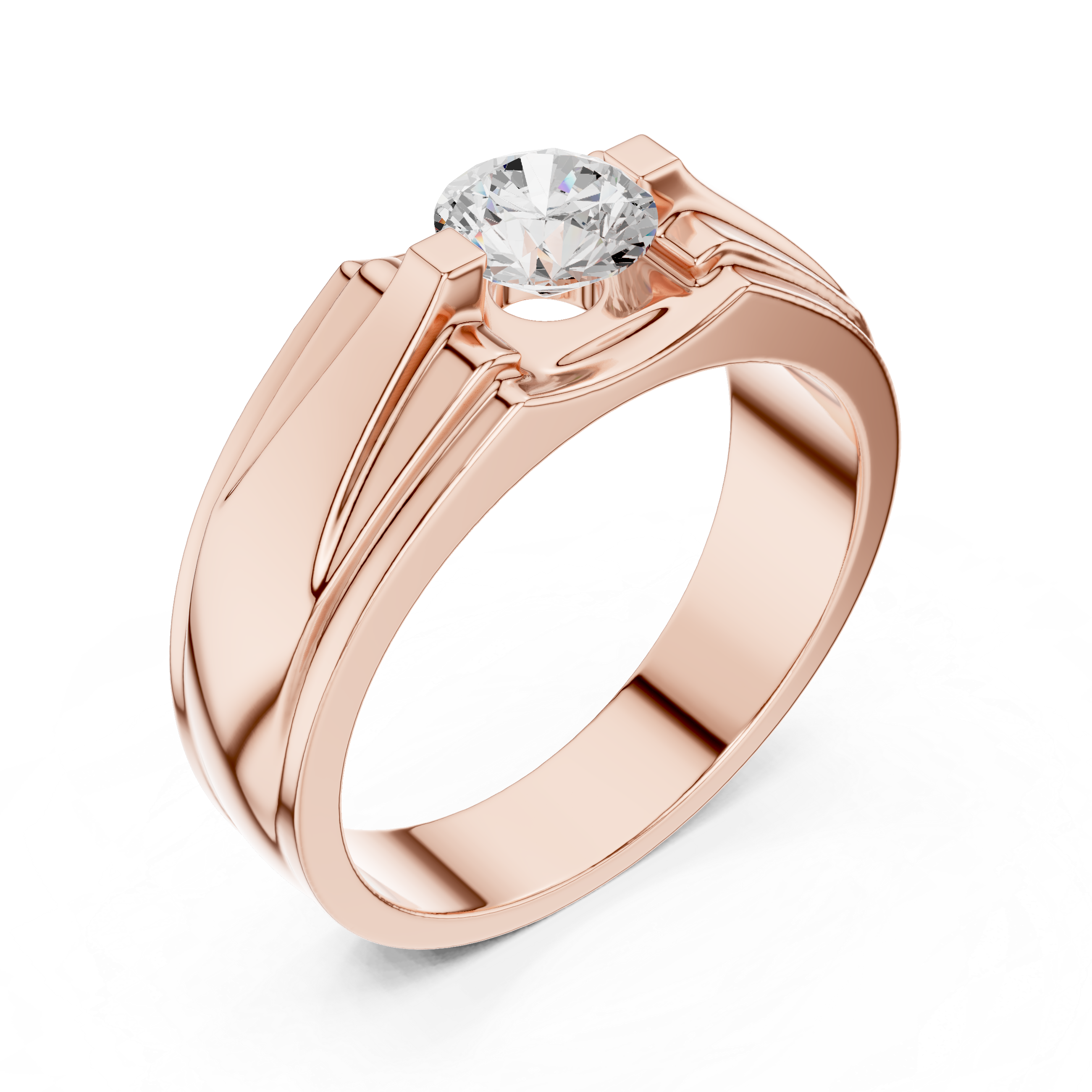 Men’s Architectural Solitaire Diamond Ring – Geometric Shoulder Design with 0.75 CT Round Stone