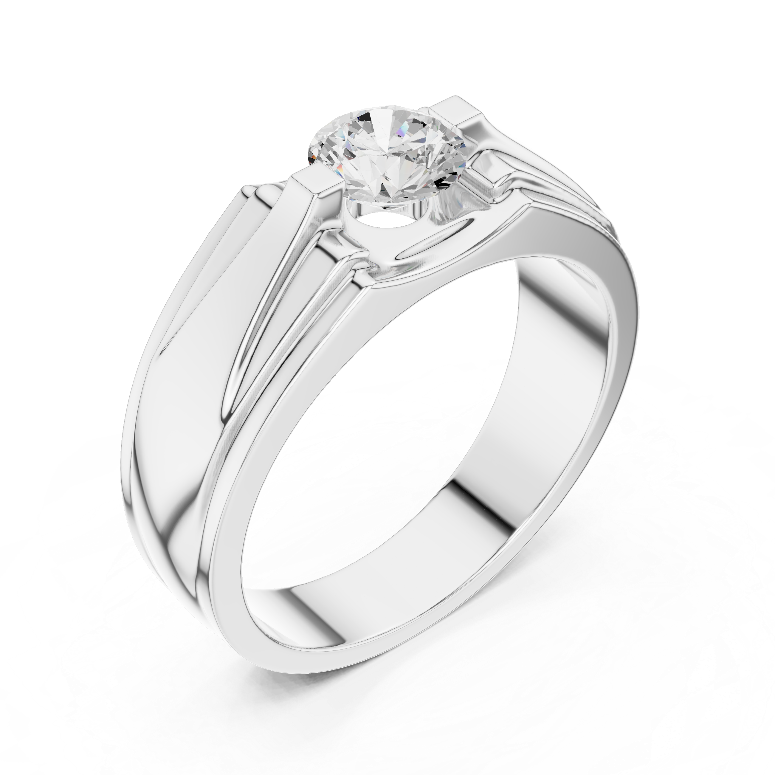 Men’s Architectural Solitaire Diamond Ring – Geometric Shoulder Design with 0.75 CT Round Stone