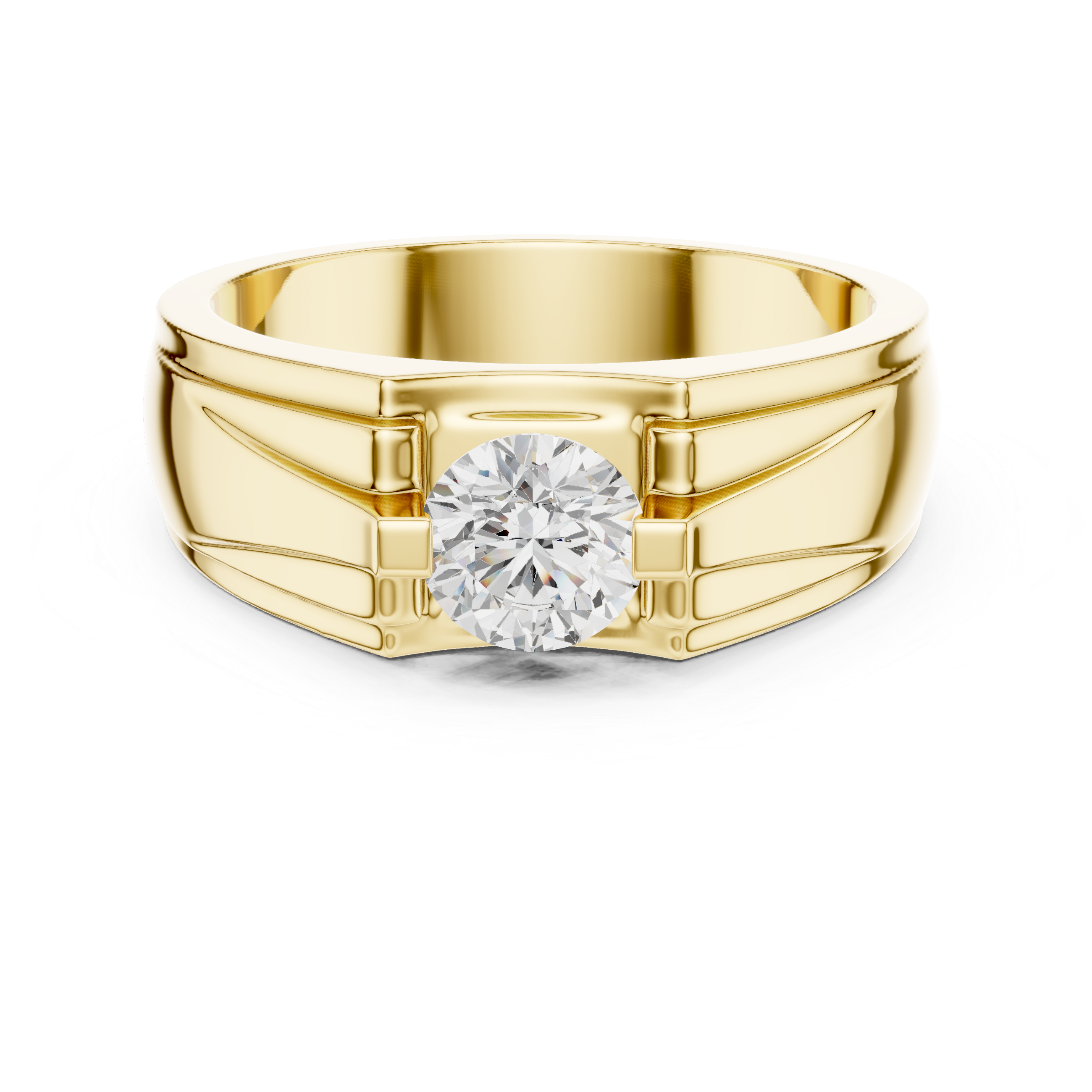 Men’s Architectural Solitaire Diamond Ring – Geometric Shoulder Design with 0.75 CT Round Stone