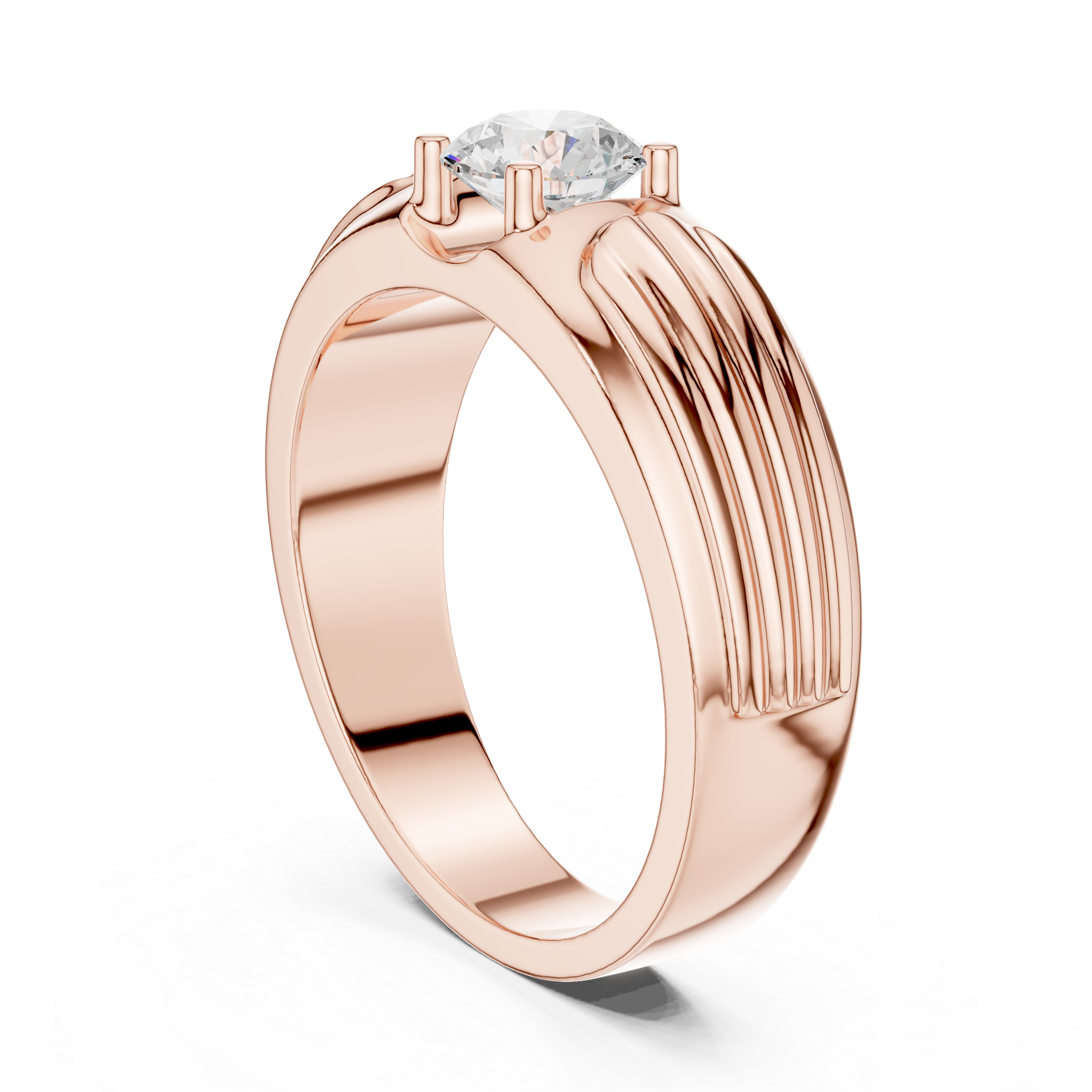 Men’s Fluted Solitaire Diamond Ring – Textured Shoulder Design with 0.75 CT Round Stone