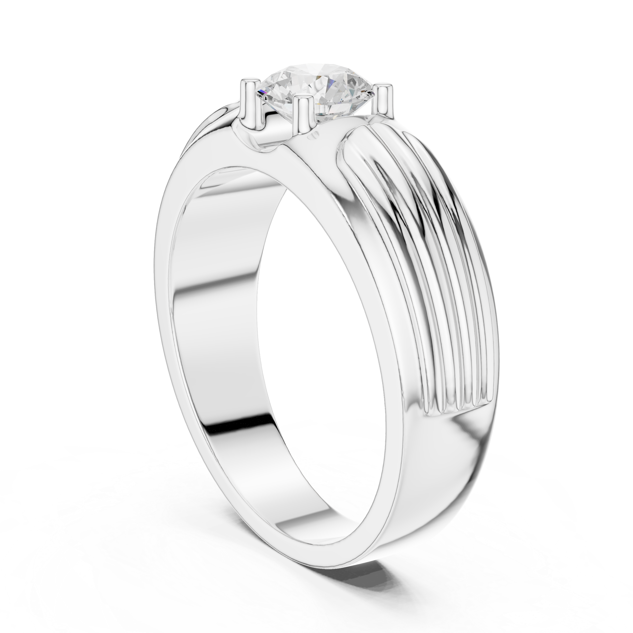 Men’s Fluted Solitaire Diamond Ring – Textured Shoulder Design with 0.75 CT Round Stone