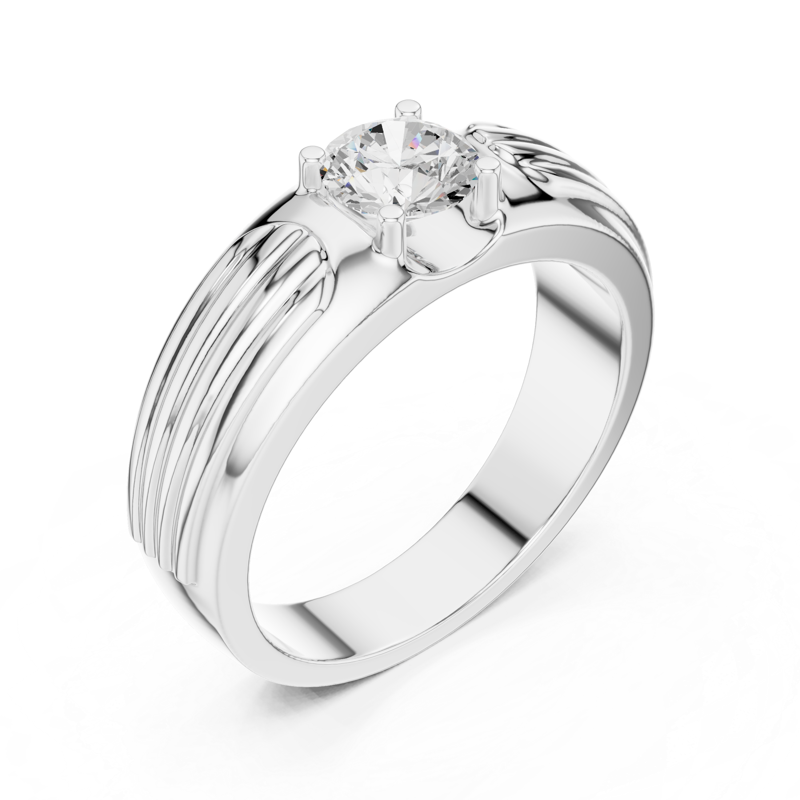Men’s Fluted Solitaire Diamond Ring – Textured Shoulder Design with 0.75 CT Round Stone