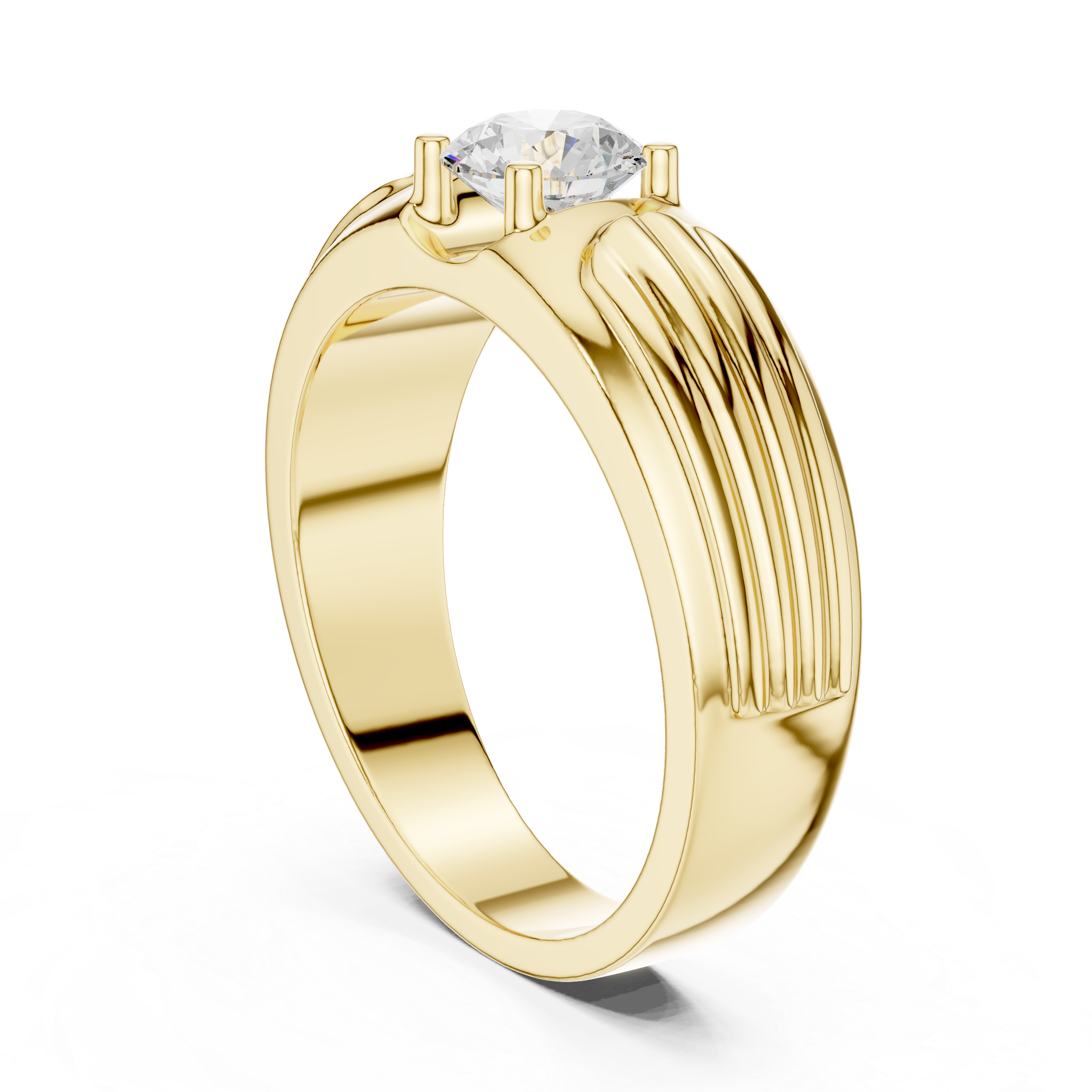 Men’s Fluted Solitaire Diamond Ring – Textured Shoulder Design with 0.75 CT Round Stone