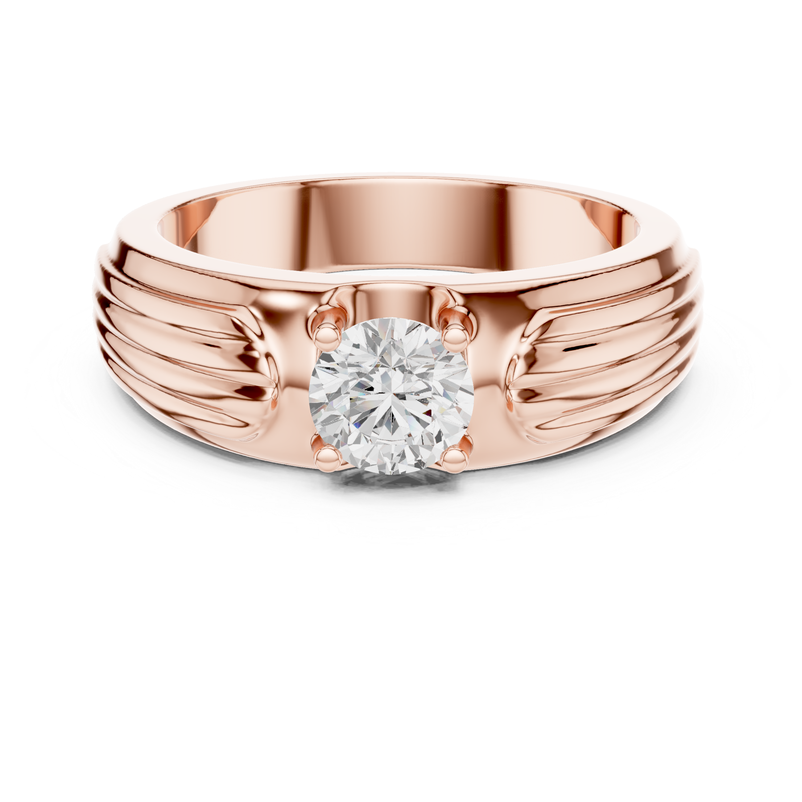 Men’s Fluted Solitaire Diamond Ring – Textured Shoulder Design with 0.75 CT Round Stone
