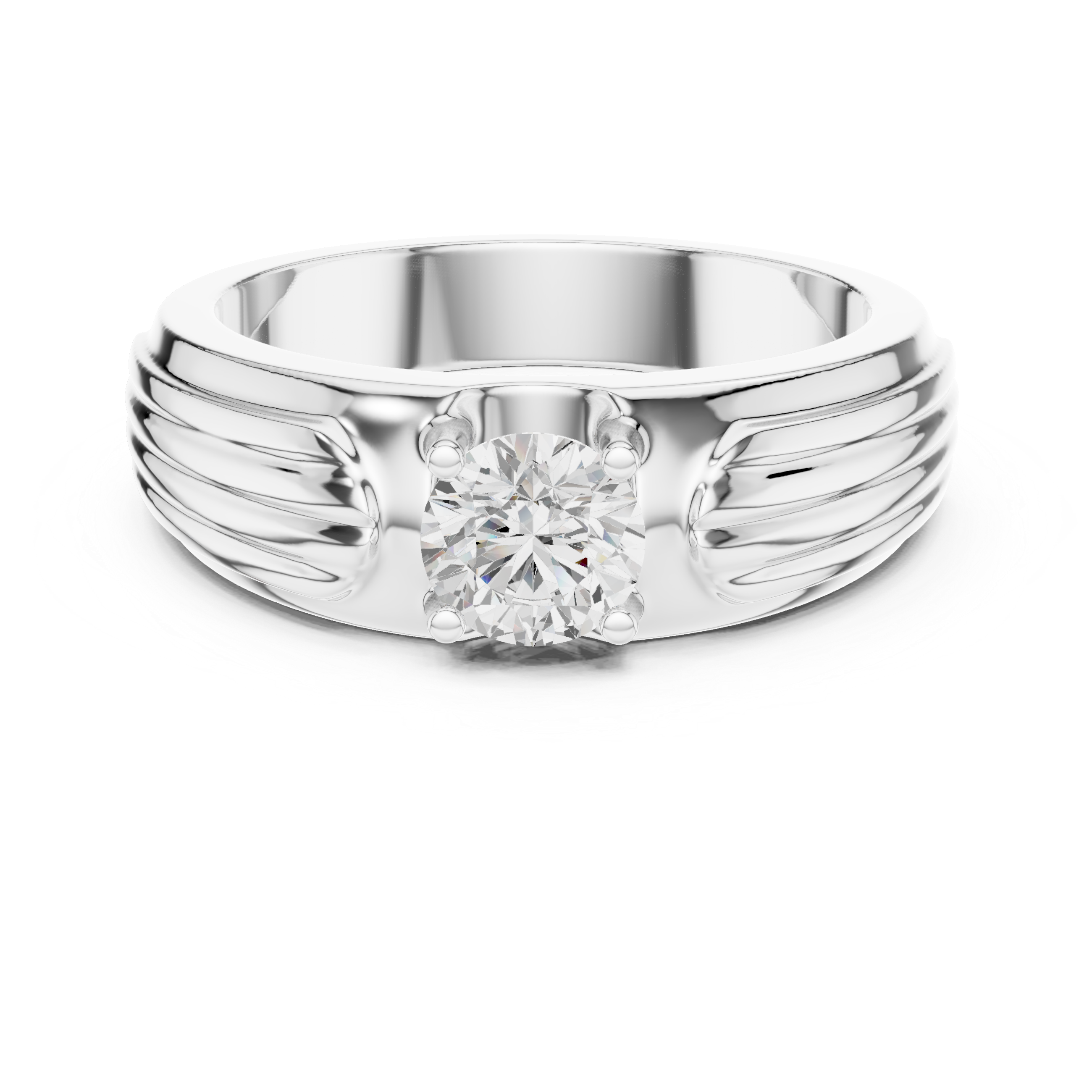 Men’s Fluted Solitaire Diamond Ring – Textured Shoulder Design with 0.75 CT Round Stone