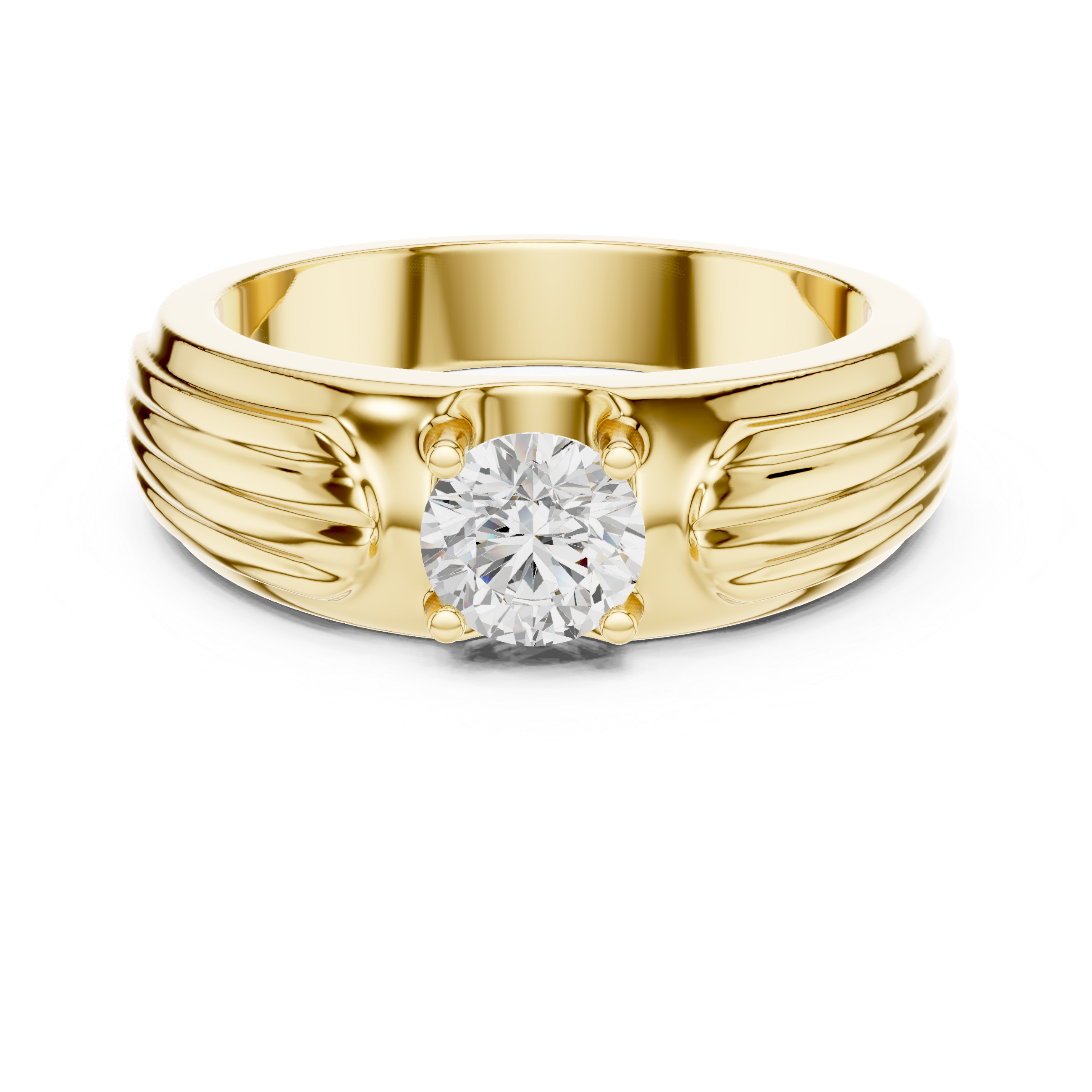 Men’s Fluted Solitaire Diamond Ring – Textured Shoulder Design with 0.75 CT Round Stone