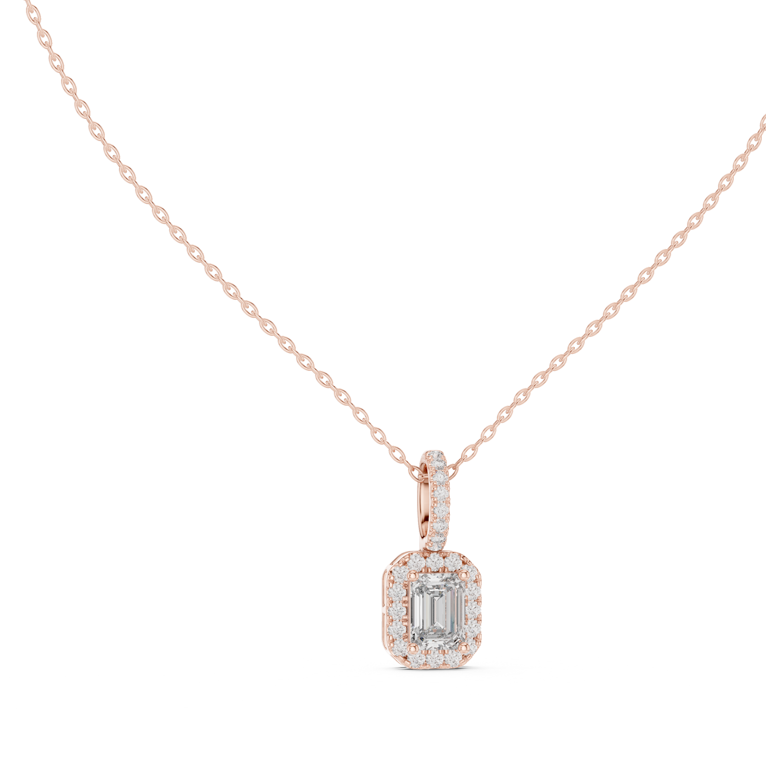 Emerald Cut Halo Diamond Pendant Necklace