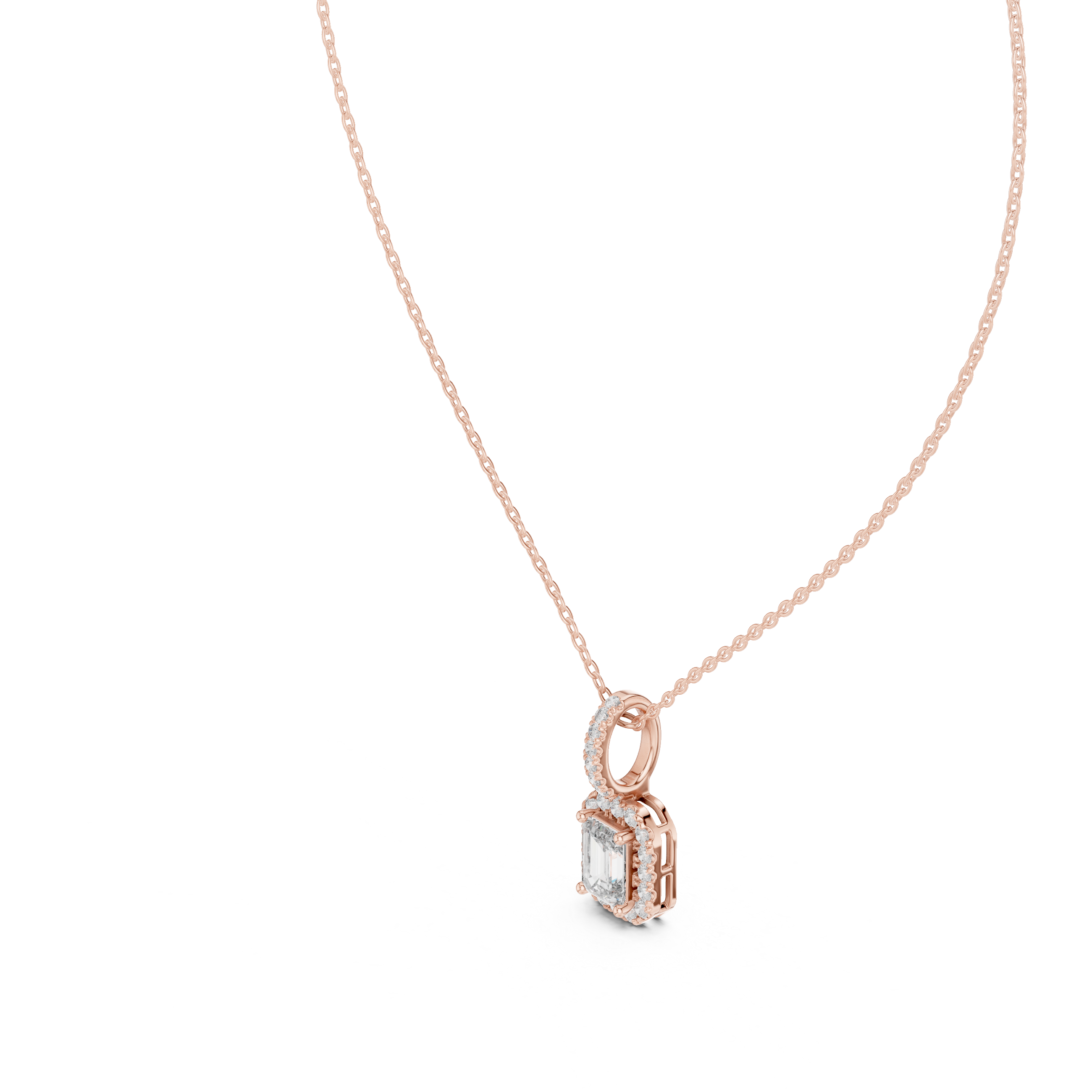 Emerald Cut Halo Diamond Pendant Necklace