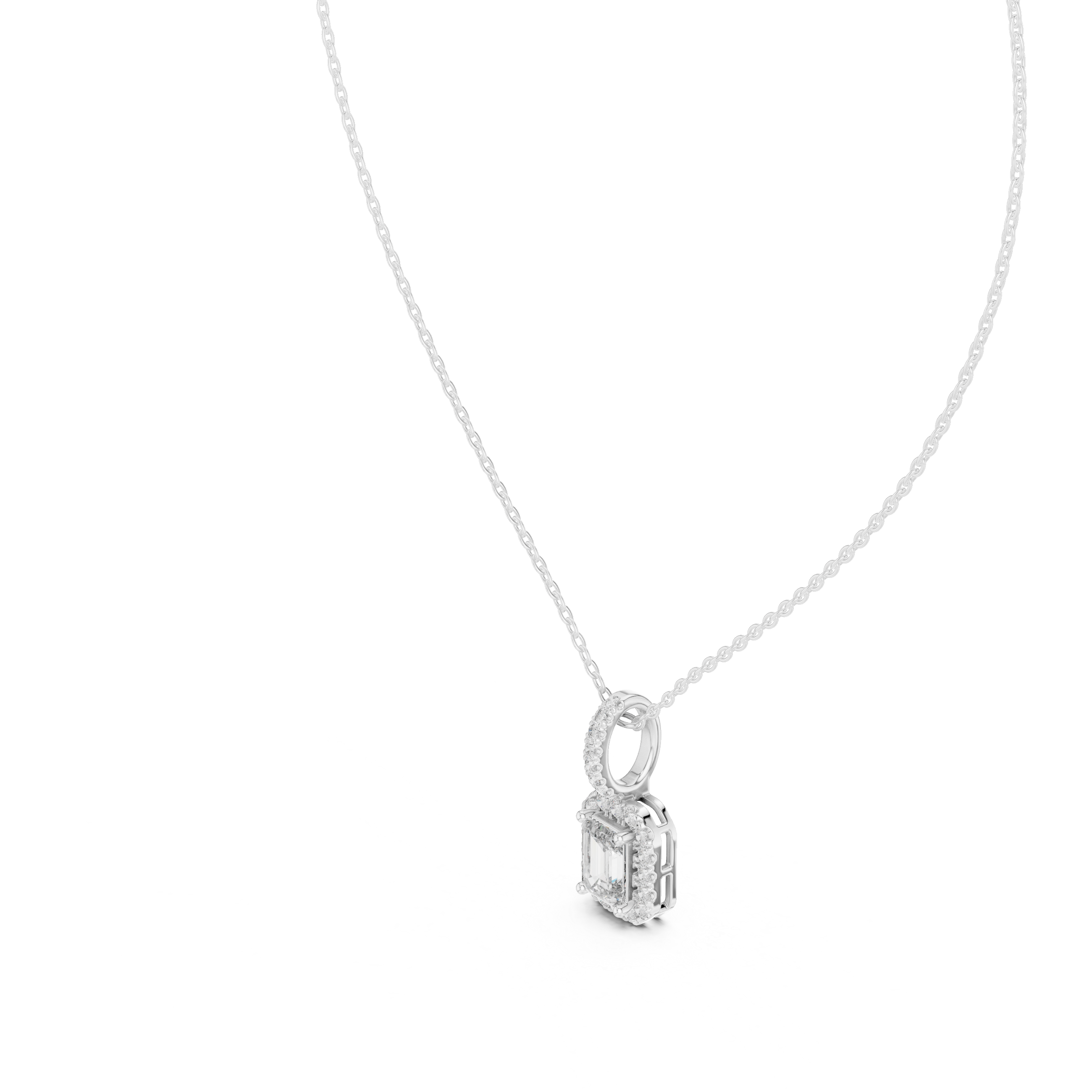 Emerald Cut Halo Diamond Pendant Necklace
