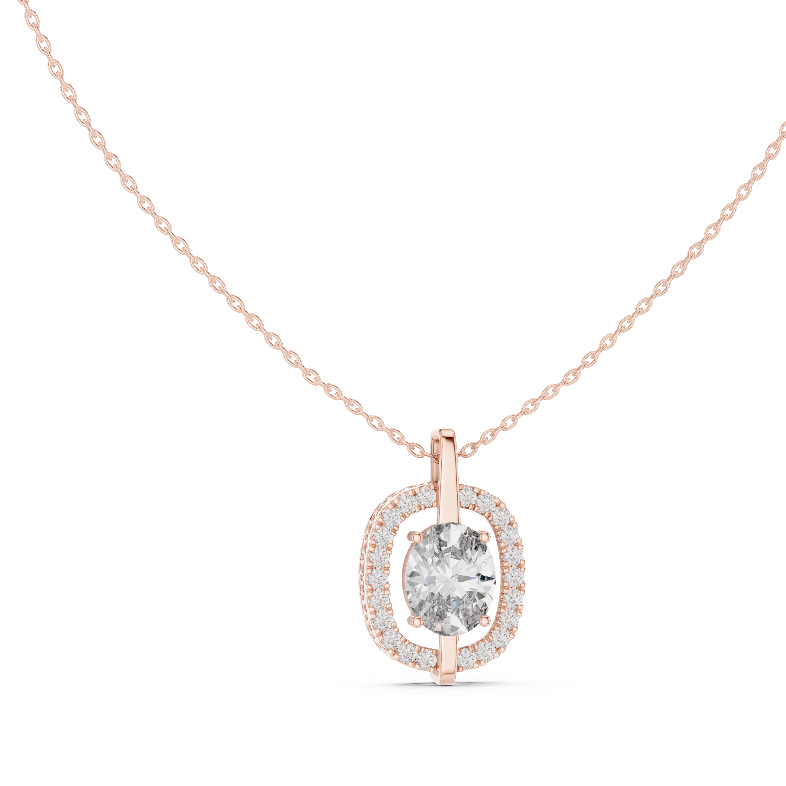 Oval Solitaire Halo Pendant with Pavé Diamond Frame