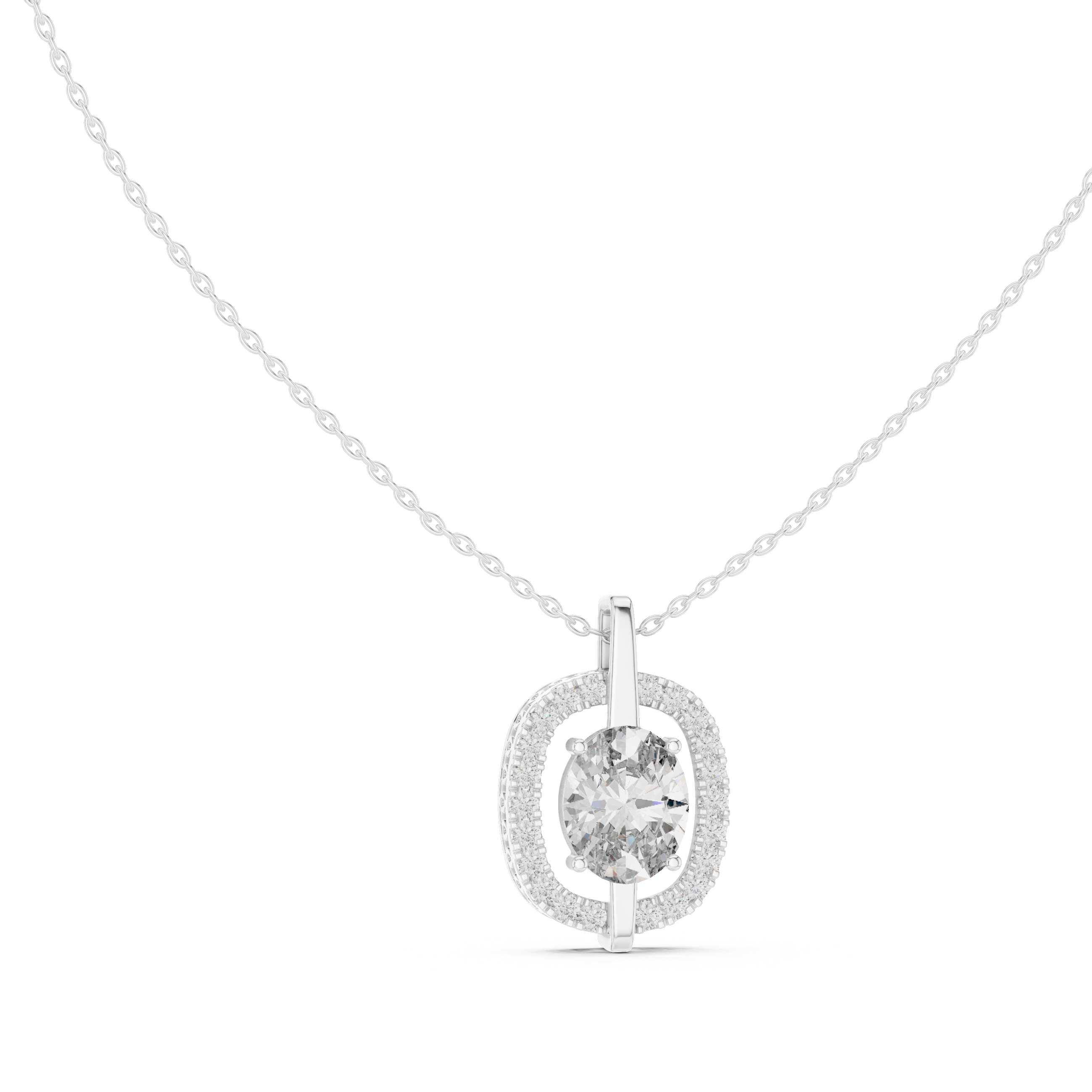 Oval Solitaire Halo Pendant with Pavé Diamond Frame