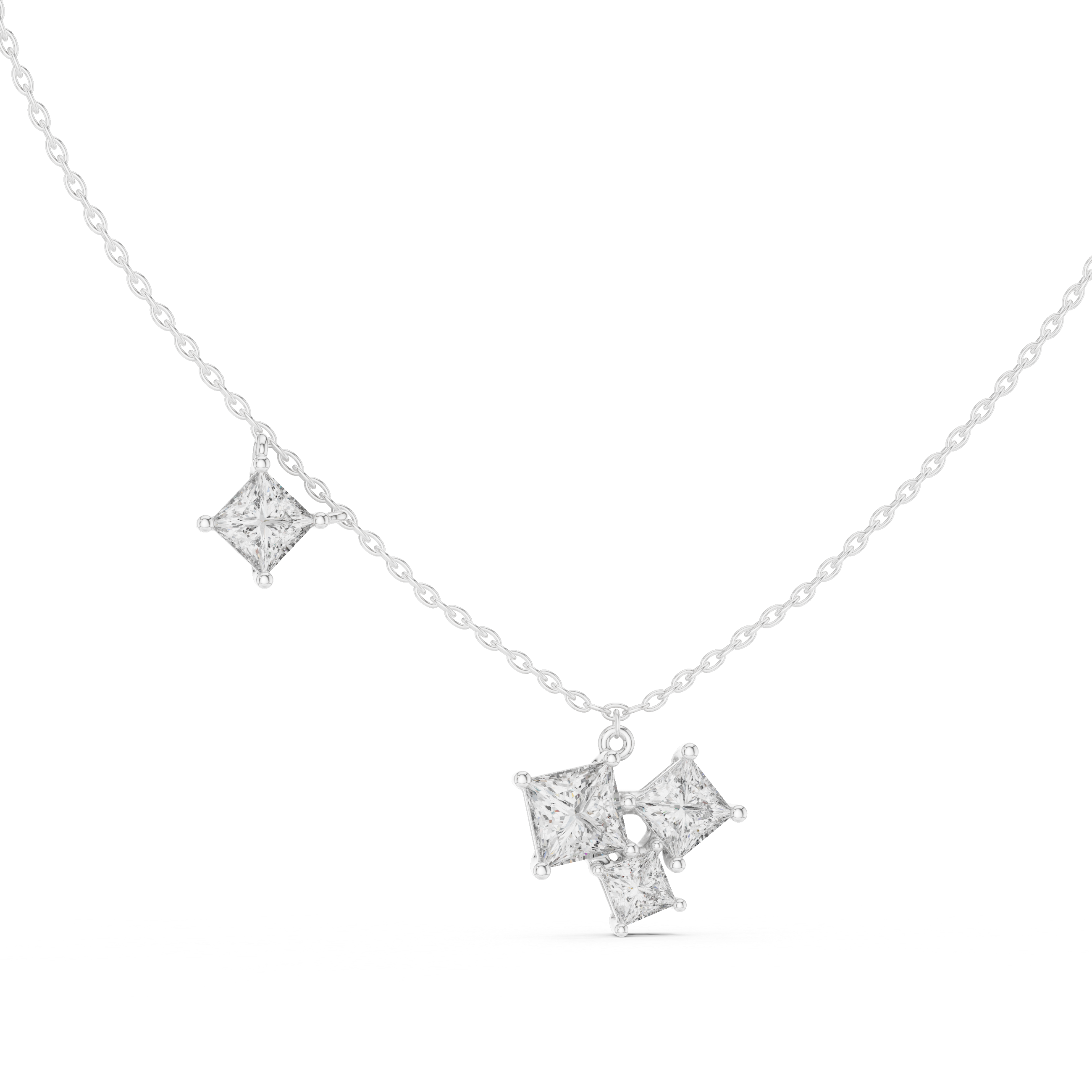Princess Cut Diamond Cluster Pendant Necklace with Side Accent