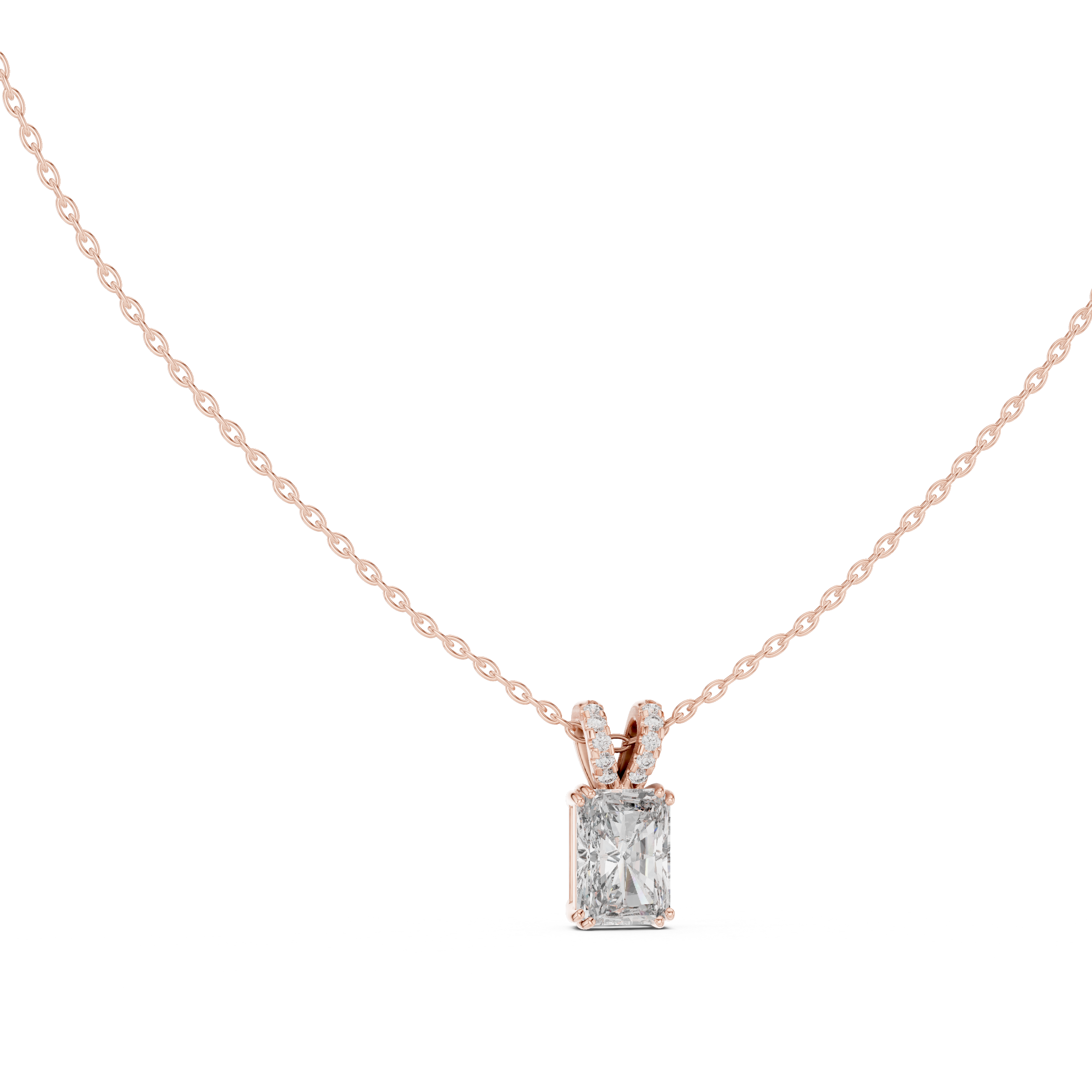 Radiant Cut Diamond Pendant Necklace – Modern Solitaire with Pavé Bail