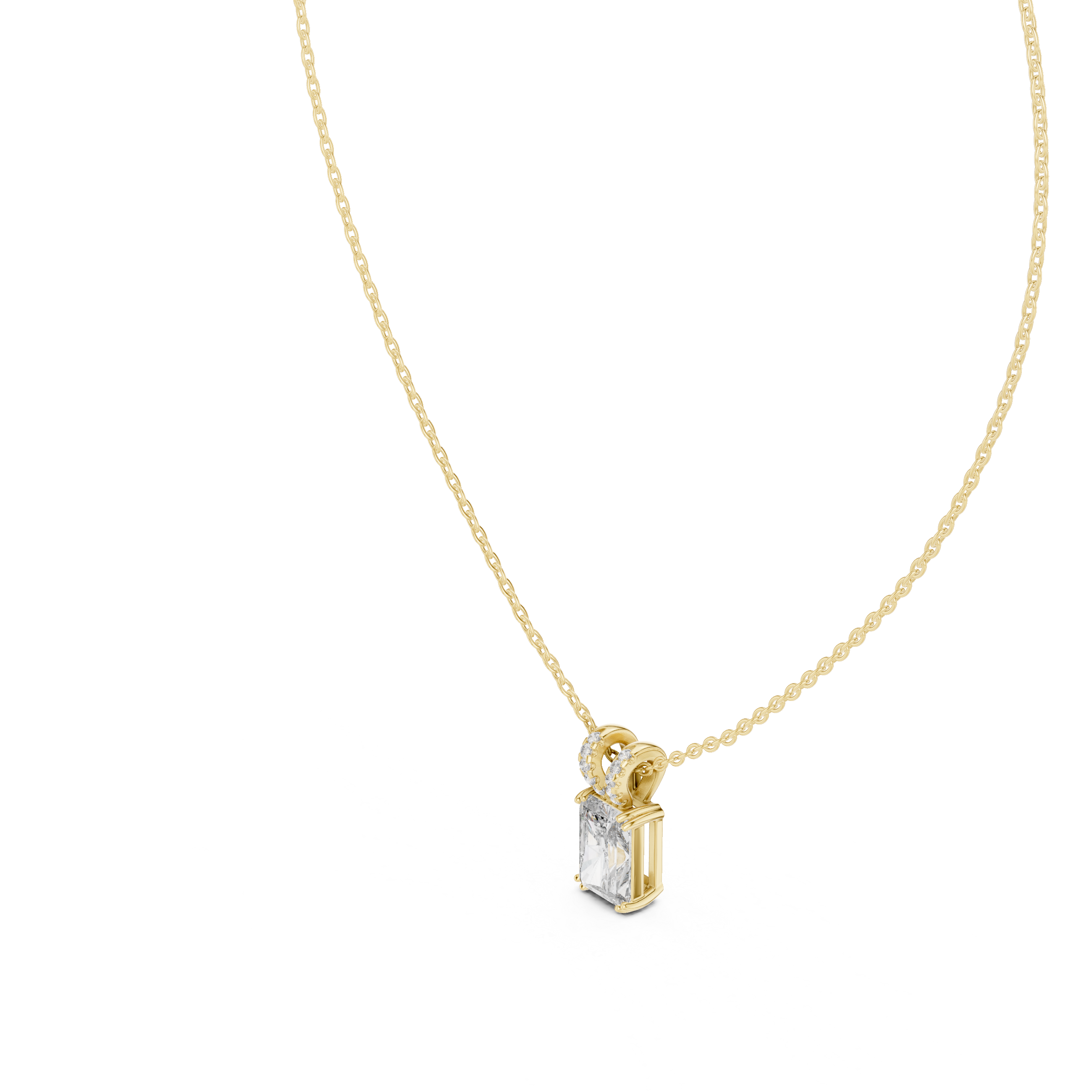 Radiant Cut Diamond Pendant Necklace – Modern Solitaire with Pavé Bail