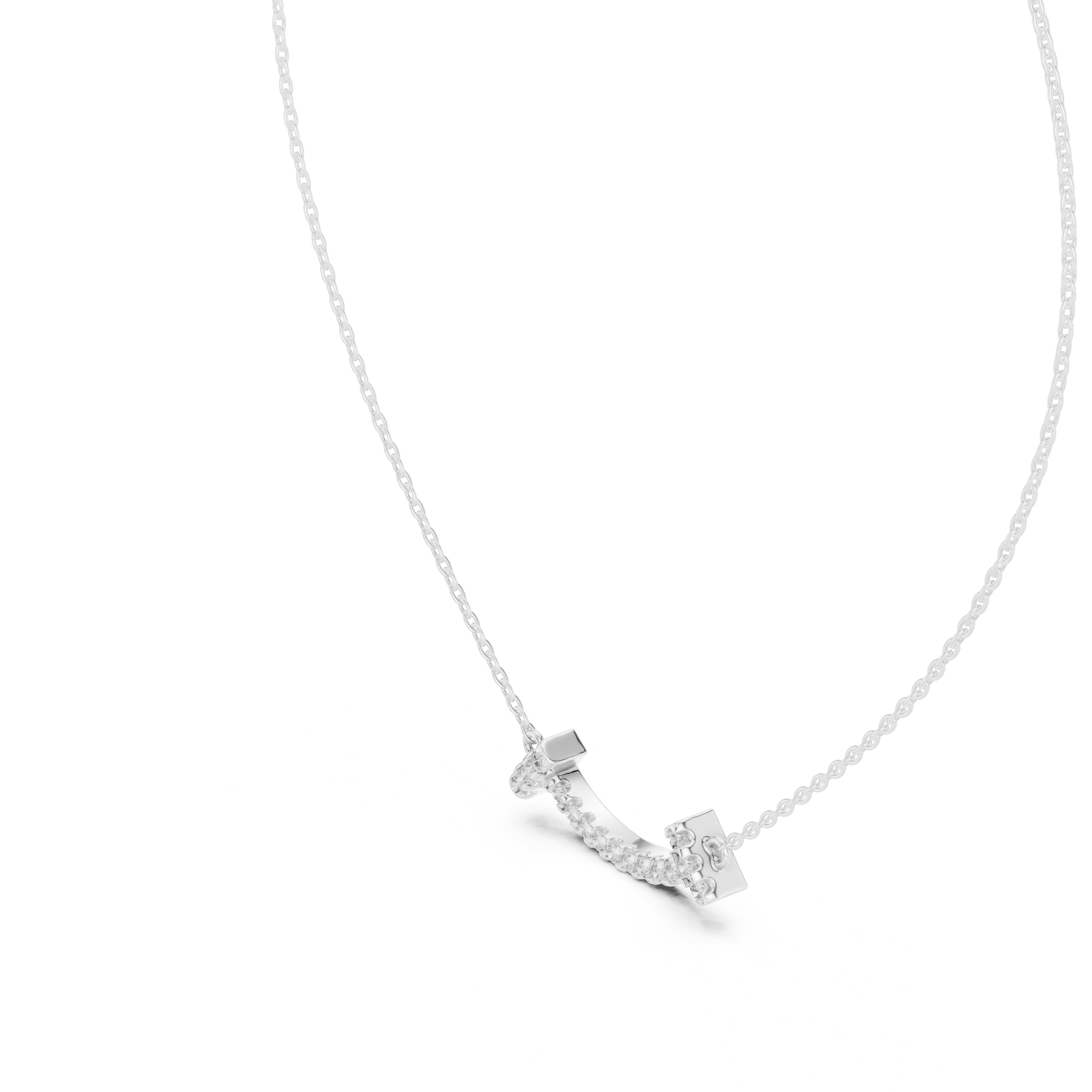 Curved Diamond Bar Necklace with Side Cluster Accents