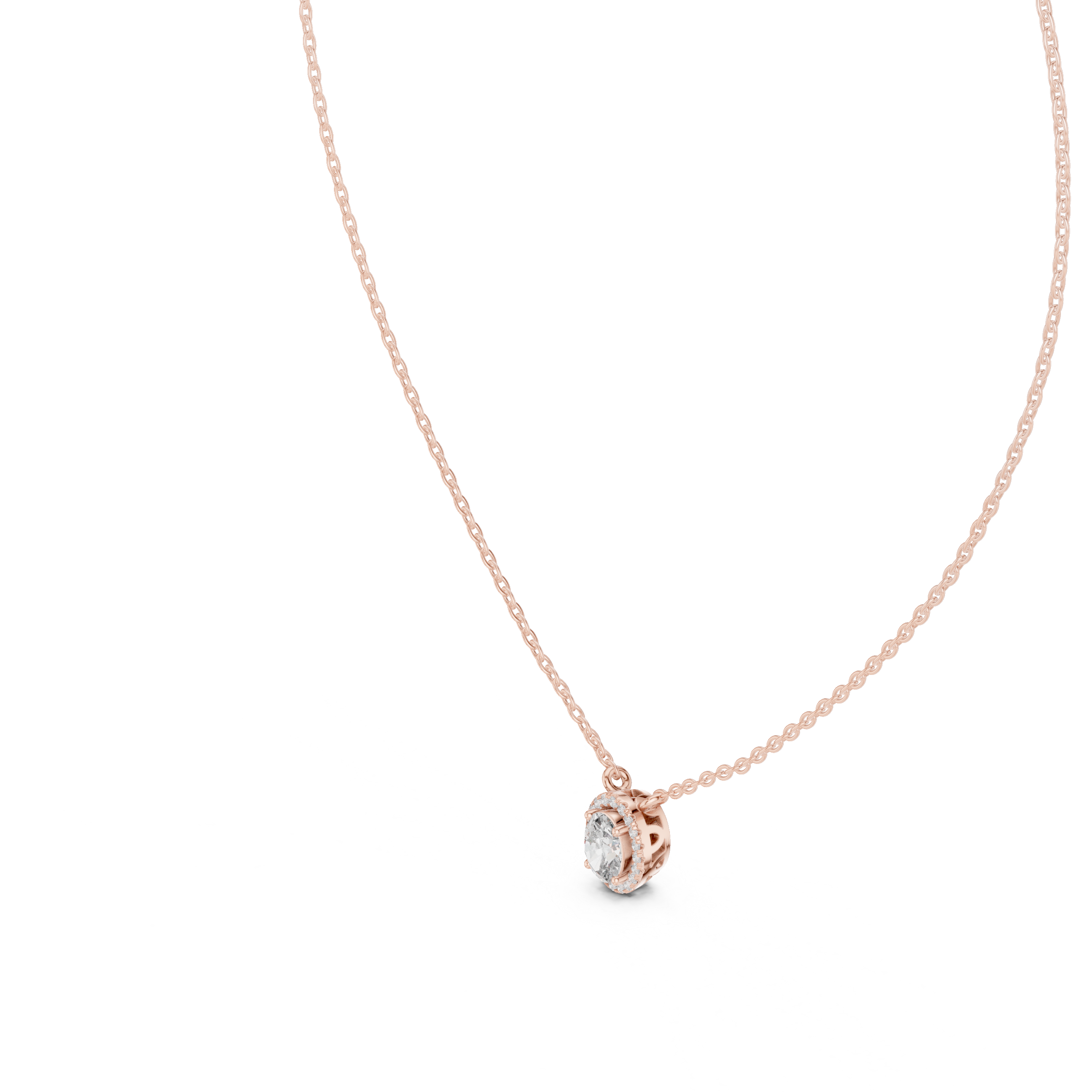 Oval Halo Solitaire Necklace with Pavé Diamond Frame