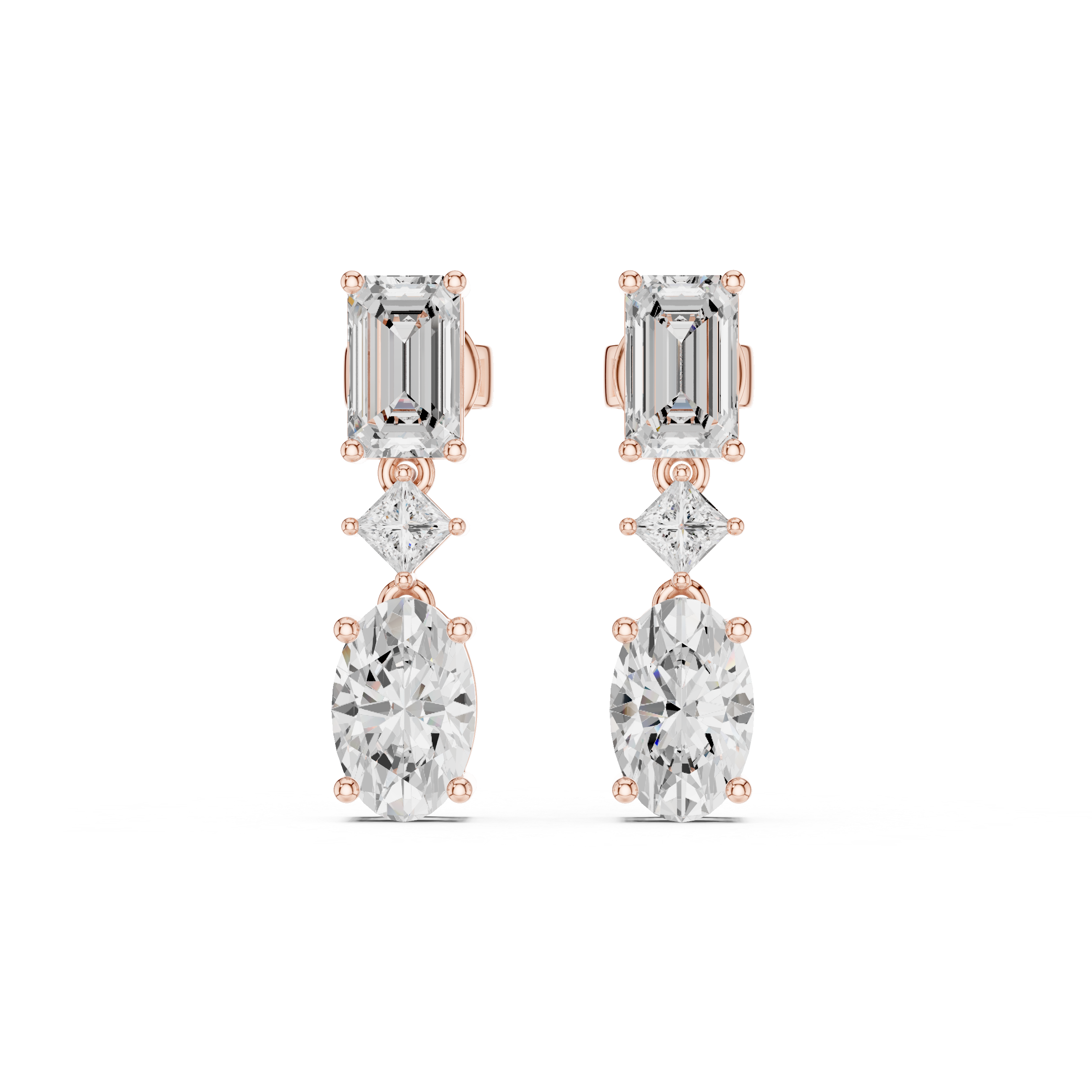 Emerald, Princess & Oval Diamond Drop Earrings
