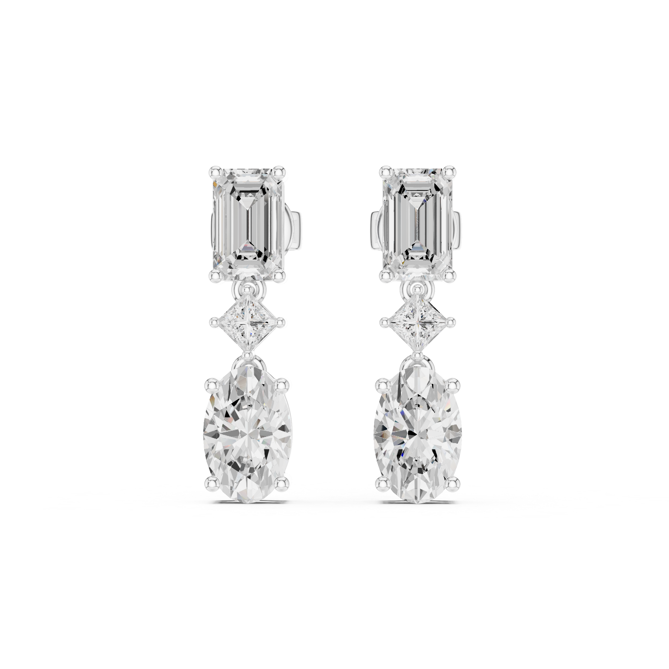 Emerald, Princess & Oval Diamond Drop Earrings