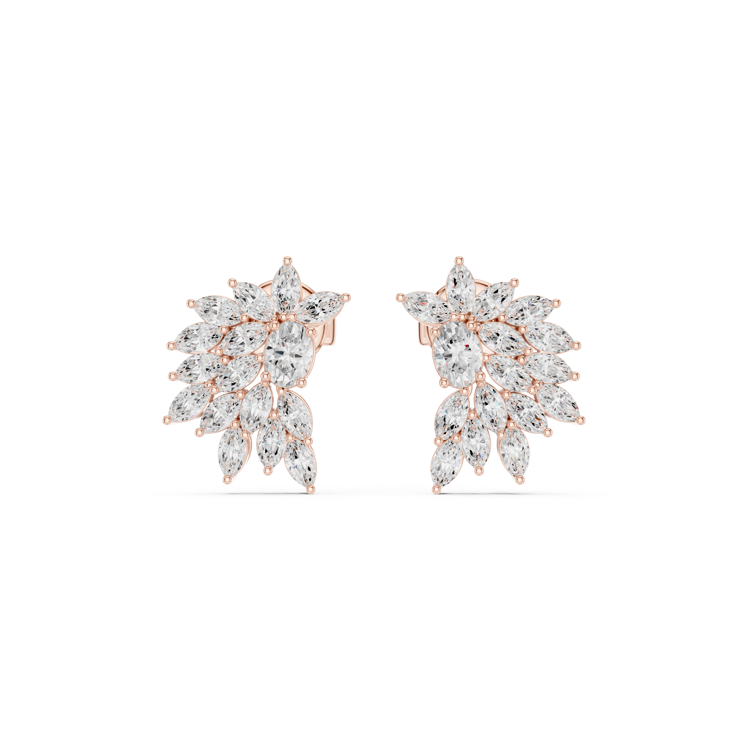 Marquise & Oval Diamond Leaf Cluster Stud Earrings